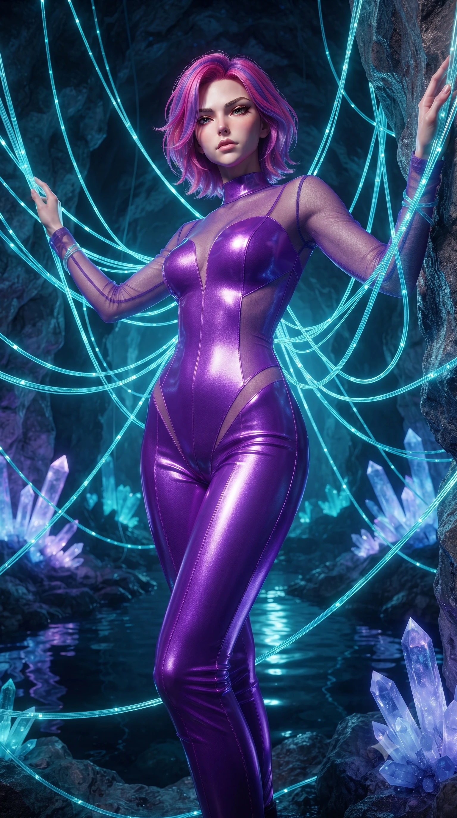 score_9, masterpiece, best quality, ultra-detailed, High-budget Anime Keyframe, editorial fashion photography, tasteful artistic composition, realistic cosplay photography, Caucasian woman, strictly human ears. Low angle cowboy shot filling the entire 9:16 frame with her statuesque presence. Scenario 517: tangled in a web of glowing cyan fiber-optic cables inside an underground cave lined with glowing quartz crystals and deep pools. Her presence is magnetic and overpowering in this high-budget cinematic scene. Outfit 517: a tailored neon violet shimmering chiffon catsuit with sheer sleeves and opaque panels. The clothing is designed to emphasize her exceptionally tall and slender 8-heads proportion. 8-heads proportion, towering silhouette, ultra-slim waist. sharp v-shaped jawline, intricate jewel-like eyes with depth, thick eyelashes, glossy lips. ultra-reflective glossy finish, specular highlights, metallic sheen, high-contrast stereoscopic depth, volumetric dynamic lighting, 2k, ultra detail, master piece, 9:16 ratio