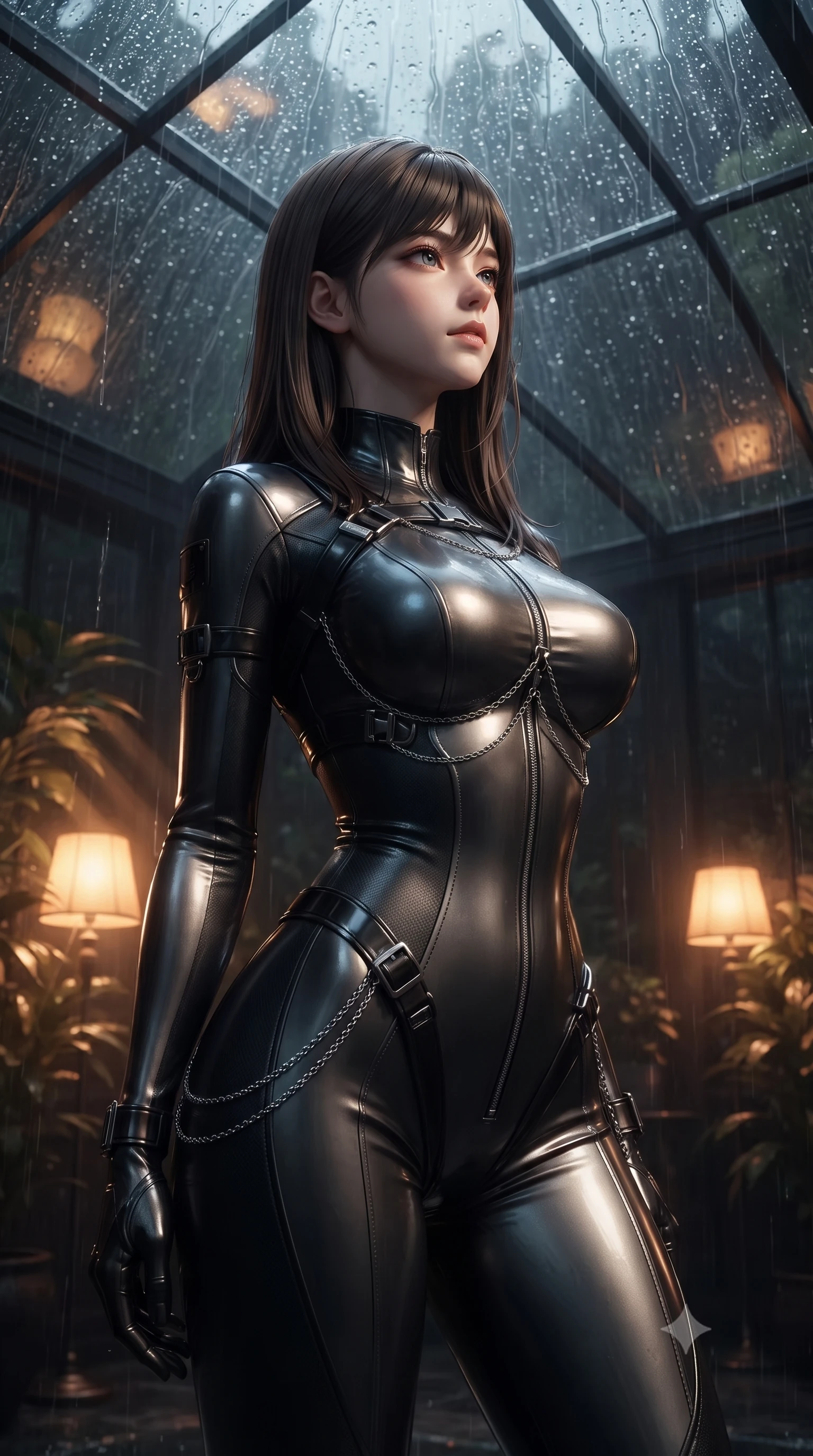 score_9, masterpiece, best quality, ultra-detailed, high-budget anime keyframe, editorial fashion photography, tasteful artistic composition, Korean woman. close-up cowboy shot from the waist and thighs up, the character dominates the composition, filling the frame with her large presence, background elements kept in soft focus. Glancing sidelong over her shoulder with a smoldering, enigmatic half-smile, looking up at the rain-streaked glass ceiling with a calm, composed expression, warm amber floor lamps casting intimate golden rays through plant foliage. She has an exceptionally elegant, slender, and willowy female figure with an ultra-slim waist, a gracefully sculpted slender torso, and a refined silhouette. sharp v-shaped jawline, high-bridge nose, intricate jewel-like eyes with depth, thick eyelashes, glossy lips with a natural sheen. wearing second-skin matte carbon-fiber combat suit in onyx black in metallic dark silver, made of liquid dark mercury jersey, framed by dark titanium buckles and silver chain details, accentuating her gracefully sculpted slender torso. bathed in wet rain reflections and deep shadowy background contrast. ultra-reflective glossy finish, specular highlights, metallic sheen, high-contrast stereoscopic depth, volumetric dynamic lighting, 2k, ultra detail, master piece, 9:16 ratio