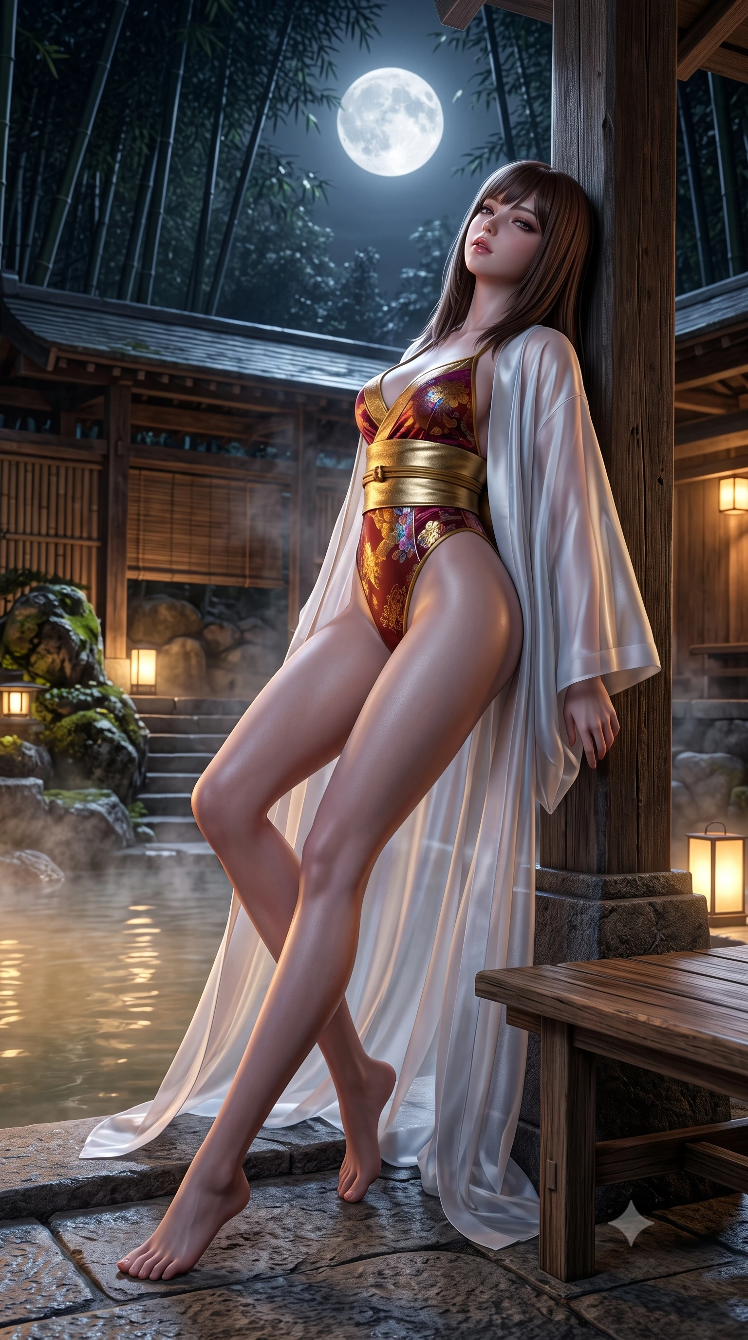 score_9, masterpiece, best quality, ultra-detailed, high-budget anime keyframe, semi-realistic 3D game render, editorial fashion photography, tasteful artistic composition, Korean woman. low angle full-body shot from head to toe showing her feet, filling the entire 9:16 vertical frame with her statuesque presence, stretching her vertical silhouette. leaning deep against the structural architecture with hips cocked in an unapologetically bold, seductive high-fashion stance while reclining on the cedar bench with legs extended toward the warm water, head tilted back toward the full moon with smoldering bedroom-eyes. The surrounding environment is rendered in vivid detail and crisp panoramic clarity. atmospheric nocturnal Japanese chiaroscuro and serene hot-spring retreat luxury rendered with precision. She has an absolutely perfect, statuesque 8.5-heads proportion, an exceptionally tall and slender model-like female figure with impossibly long slender legs, a toned flat midriff, an ultra-slim waist, and beautifully sculpted feminine hips. sharp v-shaped jawline, high-bridge nose, intricate jewel-like eyes with depth, thick eyelashes, glossy parted lips with a natural sheen, intensely captivating and seductive bedroom-eyes expression, flawlessly proportioned anatomical accuracy, strict slender model proportions, natural body alignment, perfectly sculpted long slender limbs, ultra-slim waistline, clean dynamic posture without body distortion. wearing an ethereal moonlit gossamer silk robe worn open over a form-fitting pearlescent monokini in imperial gold and deep crimson silk, crafted from weightless prism organza that refracts light with every motion, complemented by a wide metallic gold obi sash with holographic floral embroidery, the liquid-tight tailored fabric clinging flawlessly to her narrow waist and rounded feminine hips, emphasizing every millimeter of her sculpted hourglass curves during movement. bathed in cool silver full-moon light streaming through the bamboo canopy and warm amber lantern downlights. highly saturated vibrant anime colors, detailed shading with soft gradients, rich glossy textures, high-contrast stereoscopic depth, volumetric dynamic lighting, master piece, 9:16 ratio