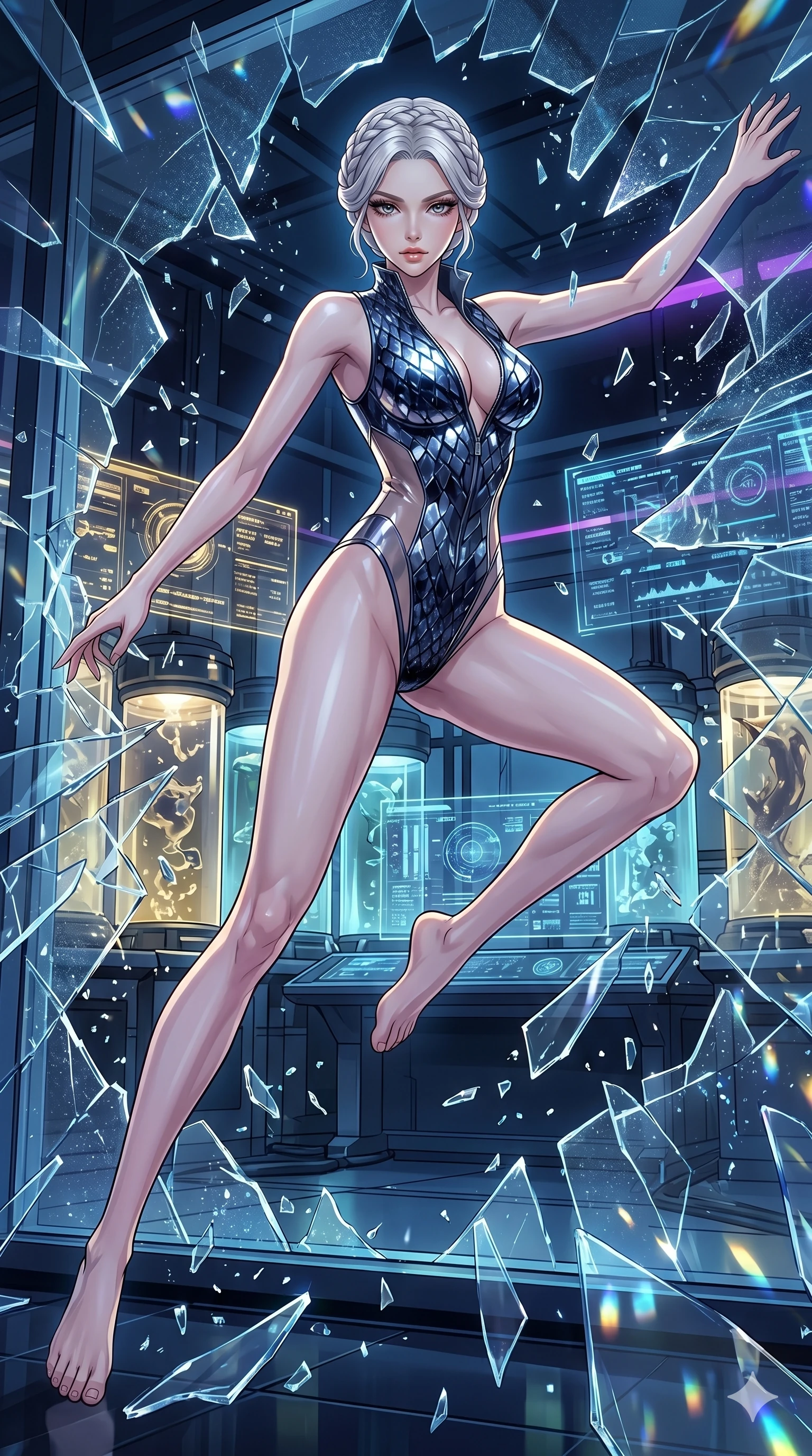 score_9, masterpiece, best quality, ultra-detailed, High-budget Anime Keyframe, vibrant colors, fluid line-art, expressive lighting, cinematic composition, Ufotable-style visual effects, top-tier animation quality, Korean woman with idol-like refined features. Dynamic full-body shot stretching the vertical silhouette, capturing her from a powerful low-angle perspective. Shattering a massive wall of reinforced glass with her sheer powerful mental aura, shards of glass flying in slow motion around her. She has an absolutely perfect 8-heads proportion, an exceptionally tall and slender female figure with impossibly long slender legs and an ultra-slim waist, her statuesque height and towering silhouette dominating the vertical 9:16 frame. Her face is a masterpiece featuring a sharp v-shaped jawline, high-bridge nose, intricate jewel-like eyes with depth, thick eyelashes, and glossy lips with a natural sheen. She is wearing a High-cut leotard with metallic plating and translucent PVC panels on the sides crafted from Obsidian-glass scales that shimmer with a dark, crystalline brilliance, unzipped deeply to reveal a daring glimpse of her chest and a high-cut leg line. The scene is set in a high-tech research laboratory with glowing glass tanks and complex holographic interfaces, illuminated by dynamic strobe effects that capture her movement in a series of sharp fragments. 2k, ultra detail, master piece, 9:16 ratio
