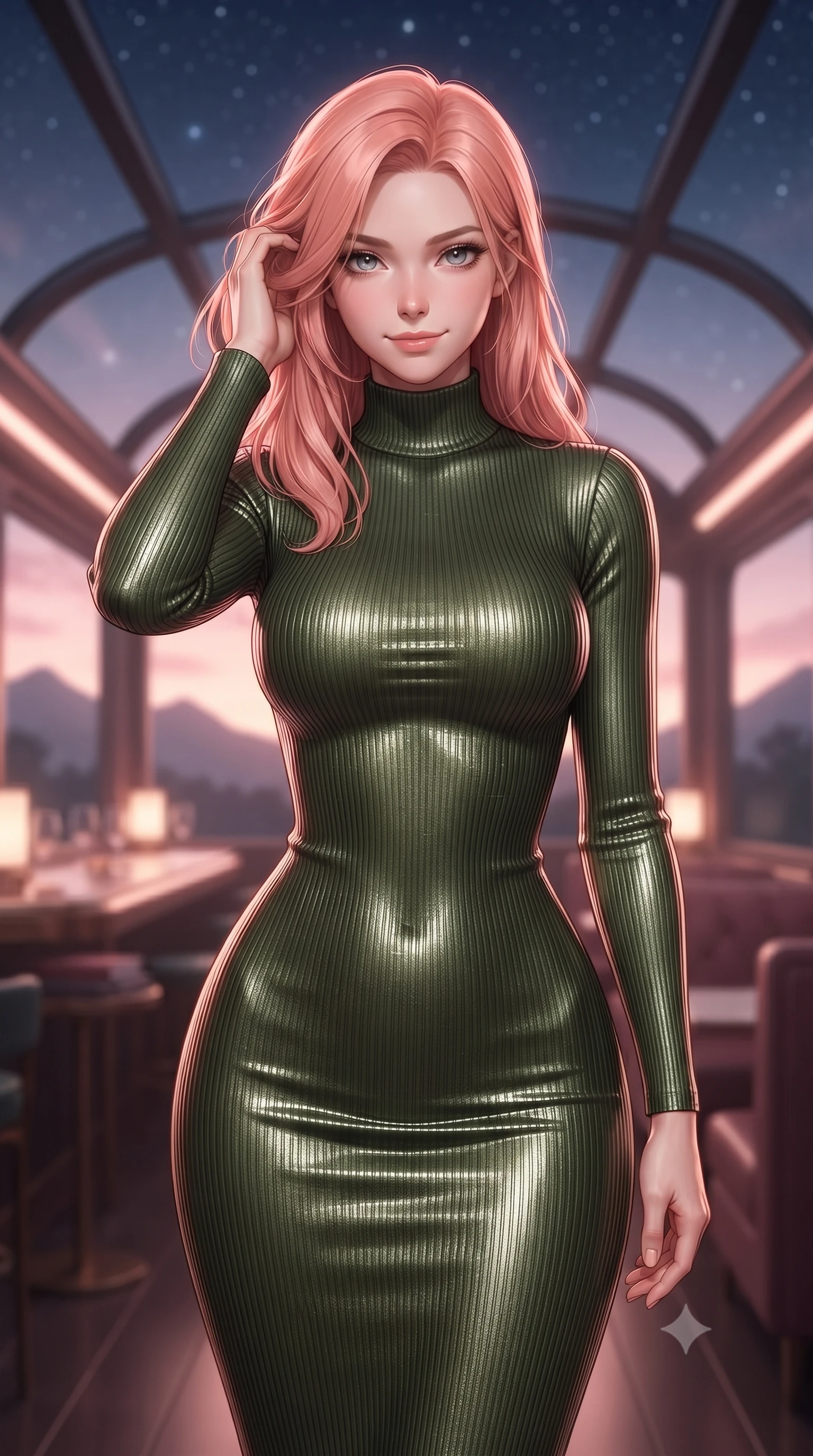 score_9, masterpiece, best quality, ultra-detailed, high-budget anime keyframe, editorial fashion photography, tasteful artistic composition, Japanese woman. close-up cowboy shot from the waist and thighs up, the character dominates the composition, filling the frame with her large presence, background elements kept in soft focus. slowly running a hand through her hair, smiling with quiet, magnetic self-assurance directly into the camera, the background shows a soft-focus a train bar lounge with glass ceilings showing stars and mountain silhouettes. She has an exceptionally elegant, slender, and willowy female figure with an ultra-slim waist, a gracefully sculpted slender torso, and a refined silhouette. sharp v-shaped jawline, high-bridge nose, intricate jewel-like eyes with depth, thick eyelashes, glossy lips with a natural sheen. wearing a form-contouring body-hugging ribbed carbon-fiber knit bodycon midi dress in olive green, featuring a snug mock-neck. soft pink and amber sunset glow painting the cabin in a romantic wash. ultra-reflective glossy finish, specular highlights, metallic sheen, high-contrast stereoscopic depth, volumetric dynamic lighting, 2k, ultra detail, master piece, 9:16 ratio