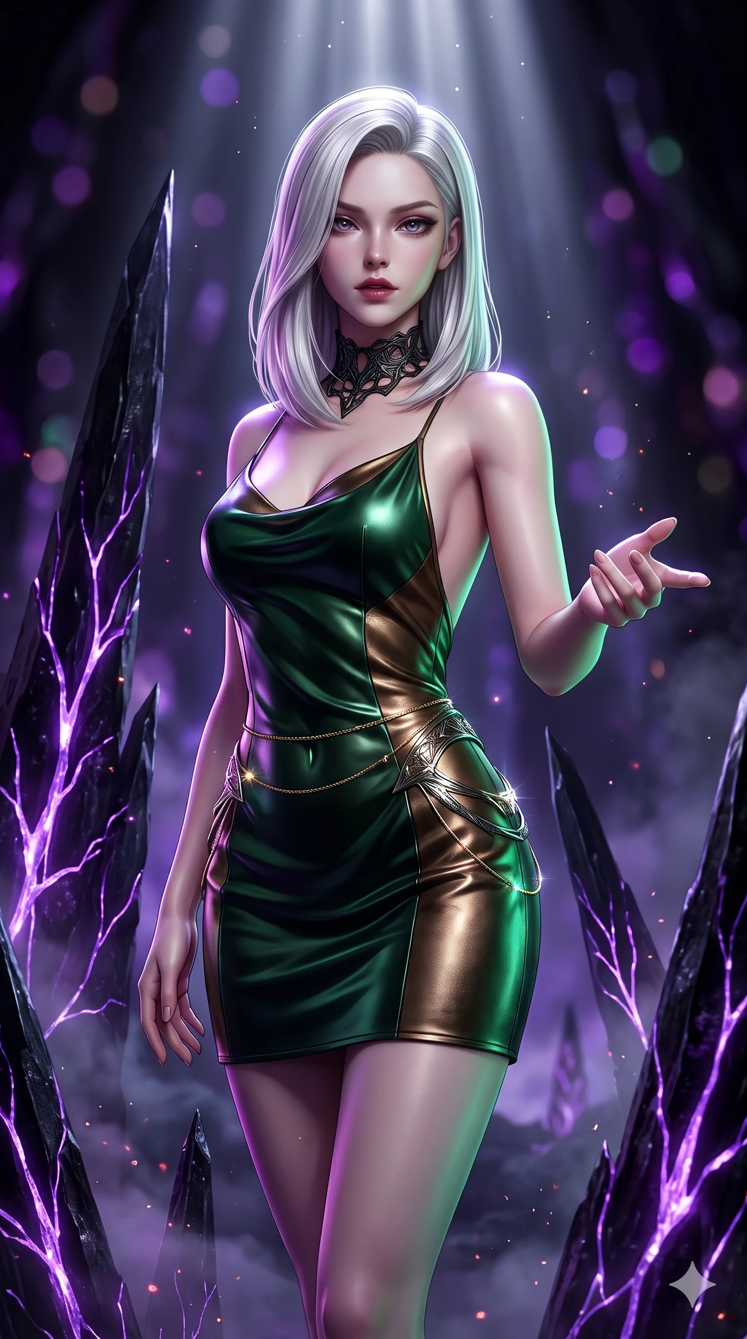 score_9, masterpiece, best quality, ultra-detailed, high-budget anime keyframe, semi-realistic 3D game render, editorial fashion photography, tasteful artistic composition, Caucasian woman. close-up cowboy shot from the waist and thighs up, the character dominates the composition, filling the frame with her large presence. reaching one hand toward the viewer with relaxed dark elegance, her sculpted waistline catching specular highlights while twisting her slender torso in an alluring S-curve between jagged obsidian spires, purple bioluminescence illuminating her flat midriff and hips. The background shows a soft-focus towering black obsidian needle monoliths, branching violet crystal veins, and subterranean mist blurred into amethyst, violet, and obsidian bokeh. She has an exceptionally elegant, slender, and willowy female figure with an ultra-slim waist, flat toned midriff, narrow ribcage, and sculpted feminine hips creating an alluring, slim hourglass silhouette without bulk. sharp v-shaped jawline, high-bridge nose, intricate jewel-like dark sparkling eyes with hypnotic seductive depth, thick curled eyelashes, glossy parted lips with a natural wine sheen, alluring bedroom-eyes with an enigmatic smoldering smile, exuding magnetic sovereign charisma and dark avant-garde glamour, flawlessly proportioned anatomical accuracy, strict slender model proportions, natural body alignment, perfectly sculpted long slender limbs, ultra-slim waistline, clean dynamic posture without body distortion. wearing a backless liquid vinyl mini slip dress with bare shoulder neckline in dark emerald green and antique bronze, made of supple butter-soft lambskin leather with a subtle satin sheen, accented with a dainty gold belly chain resting across her flat midriff and curving hips, contouring every curve with an exceptionally elegant silhouette and captivating allure. lit by cold silver beams and violet crystal luminescence cutting through pitch-black subterranean darkness. highly saturated vibrant anime colors, detailed shading with soft gradients, rich glossy textures, high-contrast stereoscopic depth, volumetric dynamic lighting, master piece, 9:16 ratio