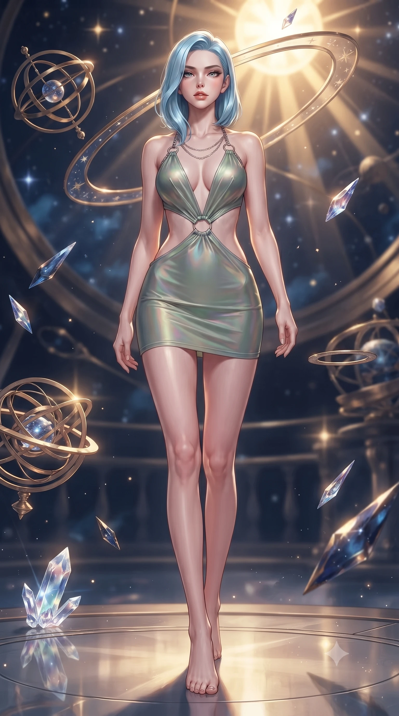 score_9, masterpiece, best quality, ultra-detailed, high-budget anime keyframe, editorial fashion photography, tasteful artistic composition, Korean woman. low angle full-body shot from head to toe showing her feet, filling the entire 9:16 vertical frame with her statuesque presence, stretching her vertical silhouette. stepping forward with proud posture, filling the vertical frame with her magnetic presence surrounded by floating armillary spheres and glowing starlight crystals, floating meteor shards reflecting deep navy and gold hues. She has an absolutely perfect, statuesque 8.5-heads proportion, an exceptionally tall and slender model-like female figure with impossibly long slender legs and an ultra-slim waist. sharp v-shaped jawline, high-bridge nose, intricate jewel-like eyes with depth, thick eyelashes, glossy lips with a natural sheen. wearing a deep-scoop halter bodycon dress with hip cutouts connected by silver rings in sage green and oatmeal, crafted from iridescent chiffon that shifts colors in the light, adorned with delicate metallic chain straps along the neckline, the sleek second-skin texture accentuating her magnetic presence. bathed in warm sunbursts filtering through floating orbital rings. ultra-reflective glossy finish, specular highlights, metallic sheen, high-contrast stereoscopic depth, volumetric dynamic lighting, 2k, ultra detail, master piece, 9:16 ratio