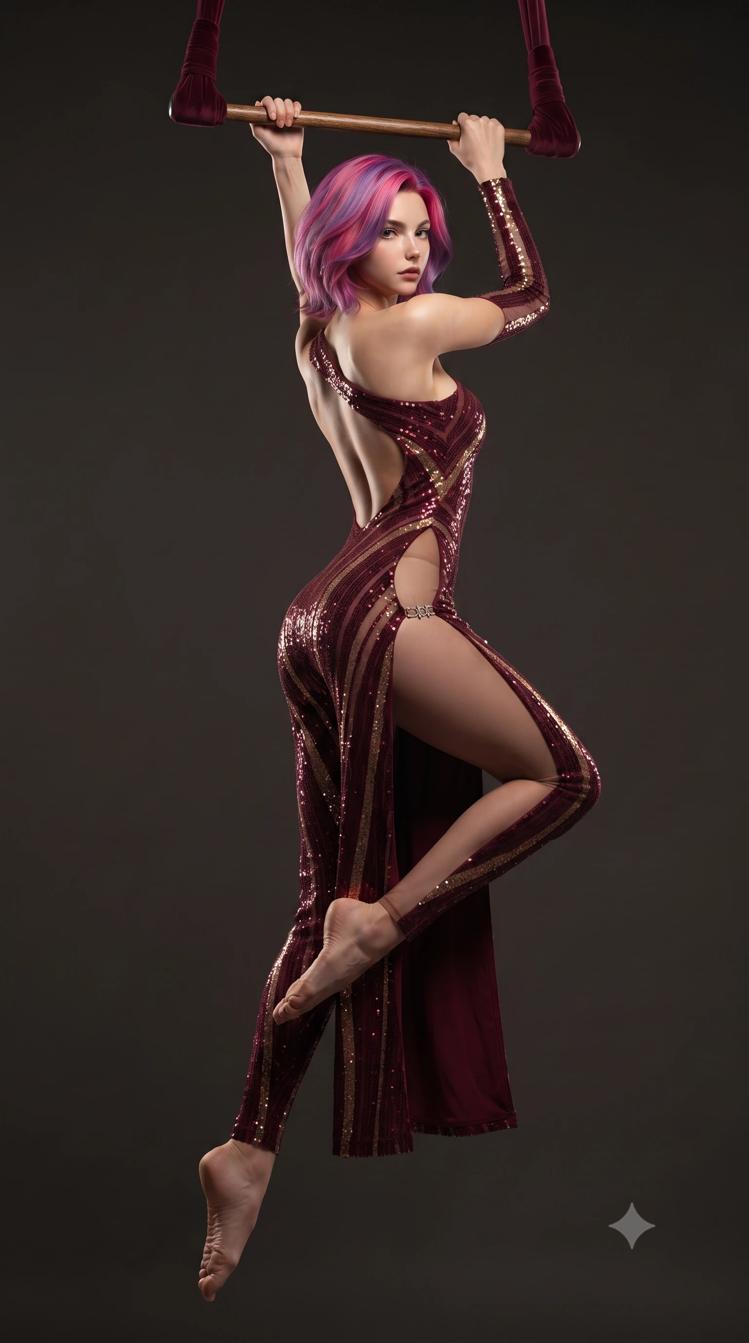 score_9, masterpiece, best quality, ultra-detailed, high-budget anime keyframe, editorial fashion photography, tasteful artistic composition, Caucasian woman. low angle full-body shot from head to toe showing her feet, filling the entire 9:16 vertical frame with her statuesque presence, stretching her vertical silhouette. posing with back turned slightly to the lens, glancing back with smoldering allure as she arches her lower back to emphasize her sculpted feminine hips and slender waist while hanging suspended from an aerial velvet trapeze bar, arching her spine in a breathtaking dancer line with one leg extended as spotlights trace her curvy hips. The surrounding environment is rendered in vivid detail and crisp panoramic clarity. detailed theatrical costume embroidery, brass button sheen, and polished wood grain in high resolution. She has an absolutely perfect, statuesque 8.5-heads proportion, an exceptionally tall and slender model-like female figure with impossibly long slender legs, a toned flat midriff, an ultra-slim waist, and beautifully sculpted feminine hips. sharp v-shaped jawline, high-bridge nose, intricate jewel-like eyes with depth, thick eyelashes, glossy parted lips with a natural sheen, intensely captivating and seductive bedroom-eyes expression, flawlessly proportioned anatomical accuracy, strict slender model proportions, natural body alignment, perfectly sculpted long slender limbs, ultra-slim waistline, clean dynamic posture without body distortion. wearing an asymmetric one-shoulder carnival catsuit with sheer contouring mesh panels and sequin striping in antique burgundy wine and shimmering gold, made of flexible compression spandex sculpting her athletic hourglass lines, finished with an ultra-high side slit secured by miniature jeweled clasps, the dramatically scooped open back descending to the base of her spine, accentuating her razor-sharp statuesque lines and curvy hourglass silhouette. illuminated by crisp directional rim lighting sharply carving her razor-sharp jawline, narrow waist, and curvy hips. ultra-reflective glossy finish, specular highlights, rich textural contrasts, high-contrast stereoscopic depth, volumetric dynamic lighting, 2k, ultra detail, master piece, 9:16 ratio