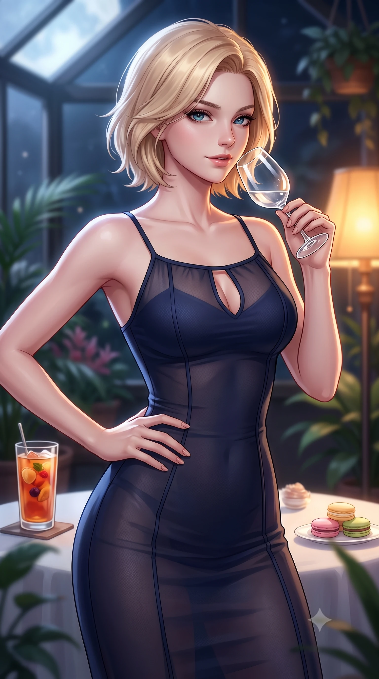 score_9, masterpiece, best quality, ultra-detailed, high-budget anime keyframe, editorial fashion photography, tasteful artistic composition, Caucasian woman. close-up cowboy shot from the waist and thighs up, the character dominates the composition, filling the frame with her large presence, background elements kept in soft focus. resting one hand on her ultra-slim waist while holding a crystal wine glass near her lips with an alluring smile set against a soft-focus background of inside an exclusive botanical greenhouse with a glass of iced fruit tea and delicate macaron pastries arranged on the table. She has an exceptionally elegant, slender, and willowy female figure with an ultra-slim waist, a gracefully sculpted slender torso, and a refined silhouette. sharp v-shaped jawline, high-bridge nose, intricate jewel-like eyes with depth, thick eyelashes, glossy lips with a natural sheen. wearing tailored midnight navy sheer organza body-hugging knit midi dress with a tasteful keyhole neckline cutout and thin shoulder straps featuring refined tailored seams. illuminated by soft silver moonlight contrasting with the warm amber glow of a nearby lamp. highly saturated vibrant anime colors, detailed shading with soft gradients, rich glossy textures, high-contrast stereoscopic depth, volumetric dynamic lighting, master piece, 9:16 ratio