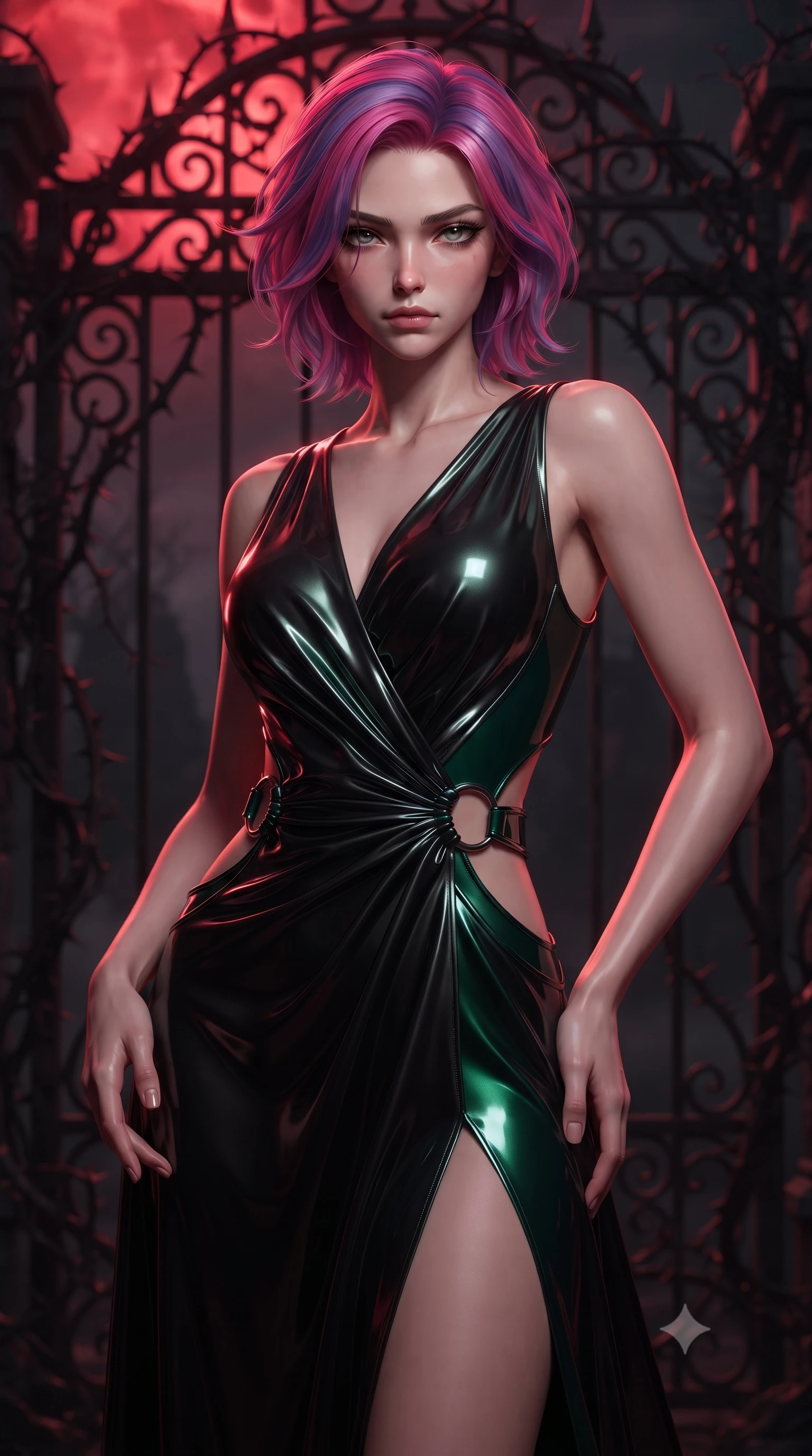 score_9, masterpiece, best quality, ultra-detailed, high-budget anime keyframe, editorial fashion photography, tasteful artistic composition, Caucasian woman. close-up cowboy shot from the waist and thighs up, the character dominates the composition, filling the frame with her large presence, background elements kept in soft focus. Casting a slow, direct gaze beneath heavy lashes with quiet intensity, standing before an ancient wrought-iron gate wrapped in thorny dark vines, intense blood-red moonlight casting sharp dramatic crimson highlights. She has an exceptionally elegant, slender, and willowy female figure with an ultra-slim waist, a gracefully sculpted slender torso, and a refined silhouette. sharp v-shaped jawline, high-bridge nose, intricate jewel-like eyes with depth, thick eyelashes, glossy lips with a natural sheen. wearing draped obsidian silk gown featuring tasteful waist slit cutouts in deep emerald green, made of high-gloss liquid vinyl, trimmed with dark chrome ring hardware along the waist contours, the fitted fabric emphasizing her ultra-slim waist. surrounded by dramatic gothic chiaroscuro with sharp edge highlights. ultra-reflective glossy finish, specular highlights, metallic sheen, high-contrast stereoscopic depth, volumetric dynamic lighting, 2k, ultra detail, master piece, 9:16 ratio