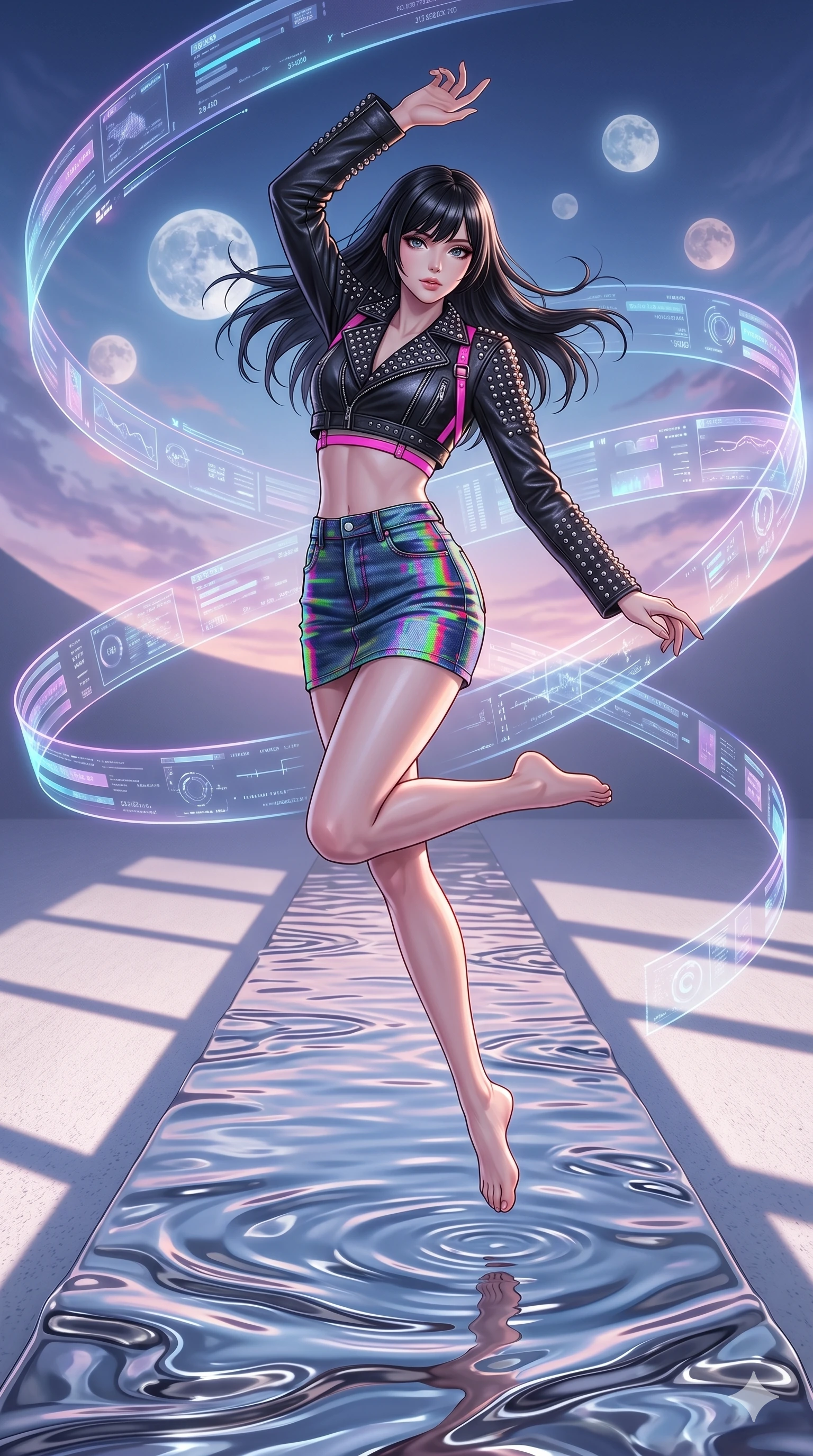 score_9, masterpiece, best quality, ultra-detailed, high-budget anime keyframe, editorial fashion photography, tasteful artistic composition, Caucasian woman, strictly human ears. upper body close-up from the thighs up, character filling the screen for maximum presence. leaping upwards into on a runway of liquid mercury reflecting a sky filled with multiple moons as floating holographic data ribbons swirl in a graceful orbit. She has an absolutely perfect 8-heads proportion, an exceptionally tall and slender female figure with impossibly long slender legs and an ultra-slim waist. V-shaped jawline, high-bridge nose, intricate jewel-like eyes with depth, thick eyelashes, glossy lips with a natural sheen.. wearing a glitch denim and studded leather outfit, featuring an RGB glitch pattern denim structured mini-skirt, a single-sleeve cropped leather jacket, and neon pink harness straps. under a magical twilight glow casting long dramatic shadows across the clean floor. 2k, ultra detail, master piece, 9:16 ratio