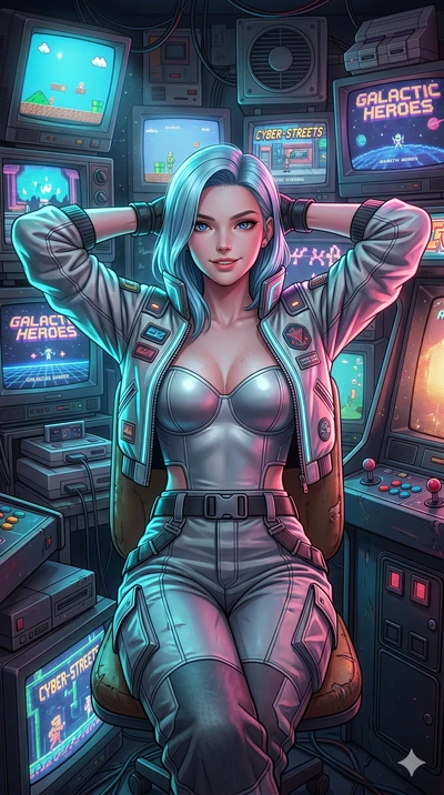 score_9, masterpiece, best quality, ultra-detailed, high-budget anime keyframe, semi-realistic 3D game render, Korean woman. Upper body close-up from the thighs up, character filling the screen for maximum presence. Inside an arcade booth filled with