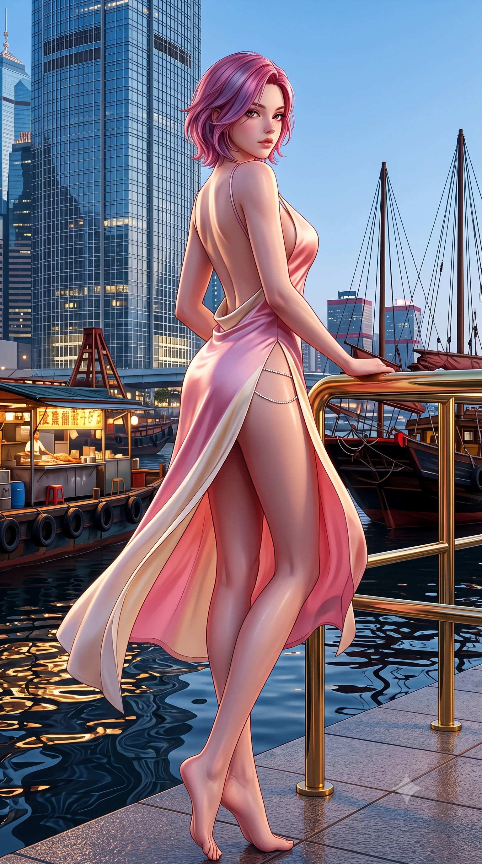 score_9, masterpiece, best quality, ultra-detailed, high-budget anime keyframe, semi-realistic 3D game render, editorial fashion photography, tasteful artistic composition, Caucasian woman. low angle full-body shot from head to toe showing her feet, filling the entire 9:16 vertical frame with her statuesque presence, stretching her vertical silhouette. executing an elegant mid-motion pivot turn as garments swirl around her slender limbs, glancing over her shoulder with an intoxicating bedroom-gaze while leaning against the illuminated harbor railing with hips cocked, casting a smoky, dangerous bedroom-gaze past floating street food barges. The surrounding environment is rendered in vivid detail and crisp panoramic clarity. sharp reflective dark water caustics, junk boat rigging lines, and skyscraper facade grid clarity in deep focus. She has an exceptionally tall and slender model-like 8.5-heads proportion, an ultra-slim waist, a flat toned midriff, narrow delicate ribcage, and beautifully sculpted feminine hips creating a graceful, slim hourglass silhouette without any bulky heaviness, with impossibly long slender legs. sharp v-shaped jawline, high-bridge nose, intricate jewel-like eyes with depth, thick eyelashes, glossy parted lips with a natural sheen, intensely captivating and seductive bedroom-eyes expression, flawlessly proportioned anatomical accuracy, strict slender model proportions, natural body alignment, perfectly sculpted long slender limbs, ultra-slim waistline, clean dynamic posture without body distortion. wearing a backless cowl-neck satin slip dress featuring high-cut side hip slits and delicate criss-cross back straps in sakura blossom pink and warm ivory, woven from layered gossamer chiffon with a weightless sweeping drape, accented with a dainty diamond waist chain catching the ambient light reflections, the glove-like aerodynamic silhouette tightly following the natural contour of her hips and long slender legs with statuesque 8.5-heads elegance. illuminated by rippling harbor water specular reflections accentuating her sculpted midriff, narrow waist, and curvy hips. highly saturated vibrant anime colors, detailed shading with soft gradients, rich glossy textures, high-contrast stereoscopic depth, volumetric dynamic lighting, master piece, 9:16 ratio