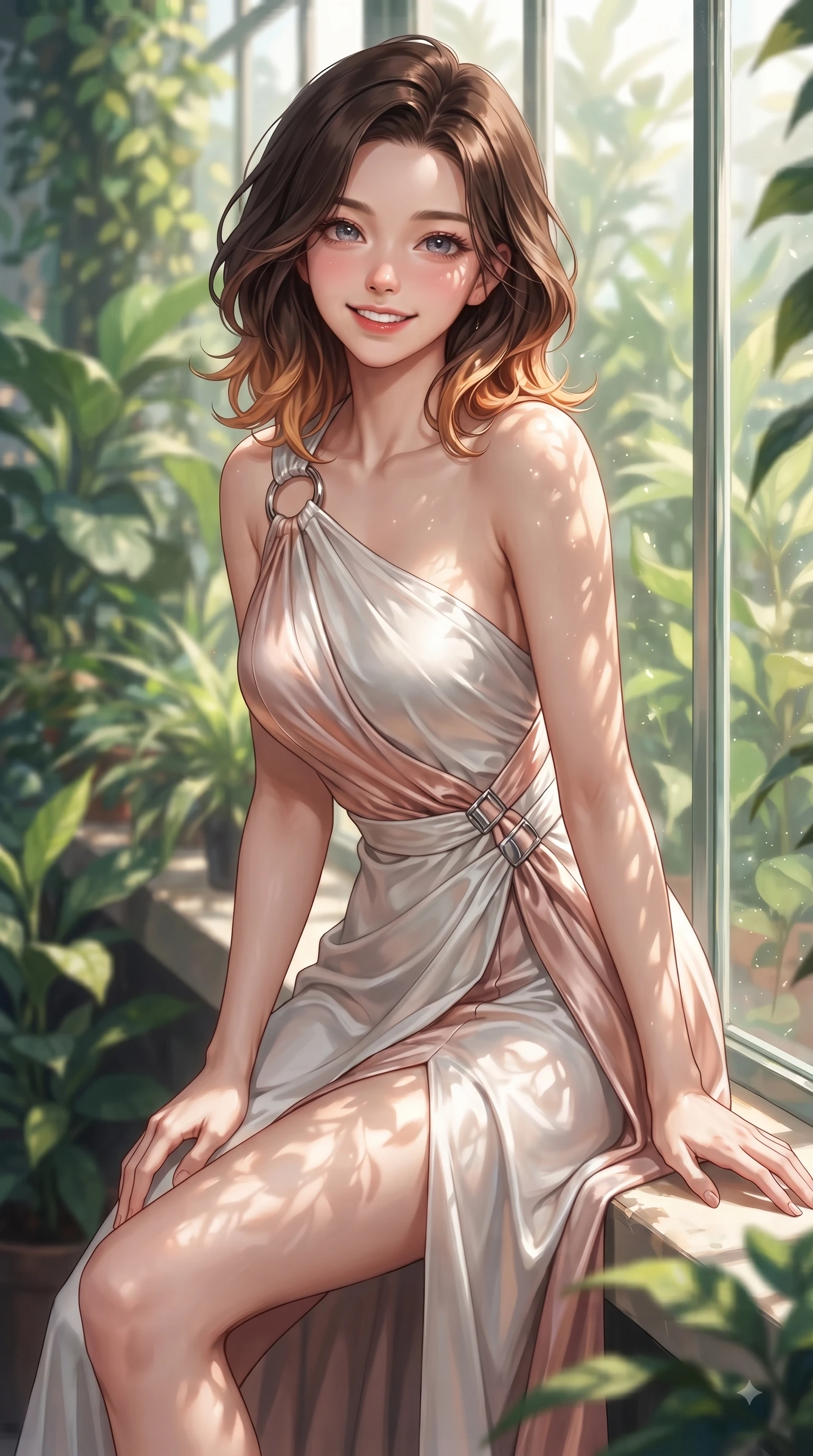 score_9, masterpiece, best quality, ultra-detailed, high-budget anime keyframe, editorial fashion photography, tasteful artistic composition, Korean woman. close-up cowboy shot from the waist and thighs up, the character dominates the composition, filling the frame with her large presence, background elements kept in soft focus. Cheerful beaming smile with sparkling eyes and a fresh girlhood aura, leaning forward with playful grace while resting near a sunlit glass wall as tropical sunbeams highlight her fresh youthful figure, rich emerald, jade, and lime green plant textures framing her youthful posture. She has an exceptionally elegant, slender, and willowy female figure with an ultra-slim waist, a gracefully sculpted slender torso, and a refined silhouette. sharp v-shaped jawline, high-bridge nose, intricate jewel-like eyes with depth, thick eyelashes, glossy lips with a natural sheen, flawlessly proportioned anatomical accuracy, natural body alignment, perfectly sculpted elegant limbs, clean dynamic posture without body distortion. wearing an asymmetrical Grecian draped chiffon gown with a metallic shoulder ring in pearl white and rose gold, crafted from smooth liquid silk, detailed with polished silver buckles along the waistline, the glove-like fit emphasizing her statuesque silhouette during motion. illuminated by clear sunbeams casting organic leaf stencil shadows across her skin. ultra-reflective glossy finish, specular highlights, metallic sheen, high-contrast stereoscopic depth, volumetric dynamic lighting, 2k, ultra detail, master piece, 9:16 ratio