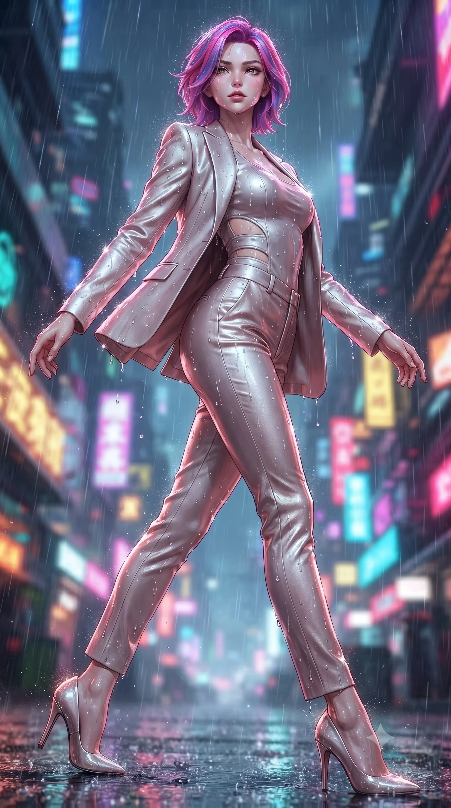 score_9, masterpiece, best quality, ultra-detailed, high-budget anime keyframe, editorial fashion photography, tasteful artistic composition, Caucasian woman. low angle full-body shot from head to toe showing her feet, filling the entire 9:16 vertical frame with her statuesque presence, stretching her vertical silhouette. pivoting dynamically in zero-gravity with fluid body alignment, displaying her perfect model proportions while pivoting in a mid-stride turn as rain droplets glisten on her metallic outfit, rain droplets glistening on skin and clothing with colorful neon reflections. She has an absolutely perfect, statuesque 8.5-heads proportion, an exceptionally tall and slender model-like female figure with impossibly long slender legs and an ultra-slim waist. sharp v-shaped jawline, high-bridge nose, intricate jewel-like eyes with depth, thick eyelashes, glossy lips with a natural sheen, flawlessly proportioned anatomical accuracy, natural body alignment, perfectly sculpted elegant limbs, clean dynamic posture without body distortion. wearing a tailored silk blazer over a form-contouring scoop-neck top and slacks in pearl white and rose gold, made of premium stretch velvet with a rich sheen, featuring clean architectural cutouts along her slender torso, the form-contouring material highlighting her ultra-slim waist and long lines. drenched in wet neon reflections with brilliant specular highlights on her silhouette. ultra-reflective glossy finish, specular highlights, metallic sheen, high-contrast stereoscopic depth, volumetric dynamic lighting, 2k, ultra detail, master piece, 9:16 ratio
