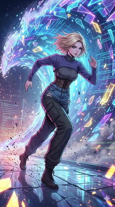score_9, masterpiece, best quality, ultra-detailed, high-budget anime movie keyframe, cinematic anime lighting, intricate line art, Korean woman. Dynamic full-body shot stretching the vertical silhouette with extreme perspective. sprinting away from 