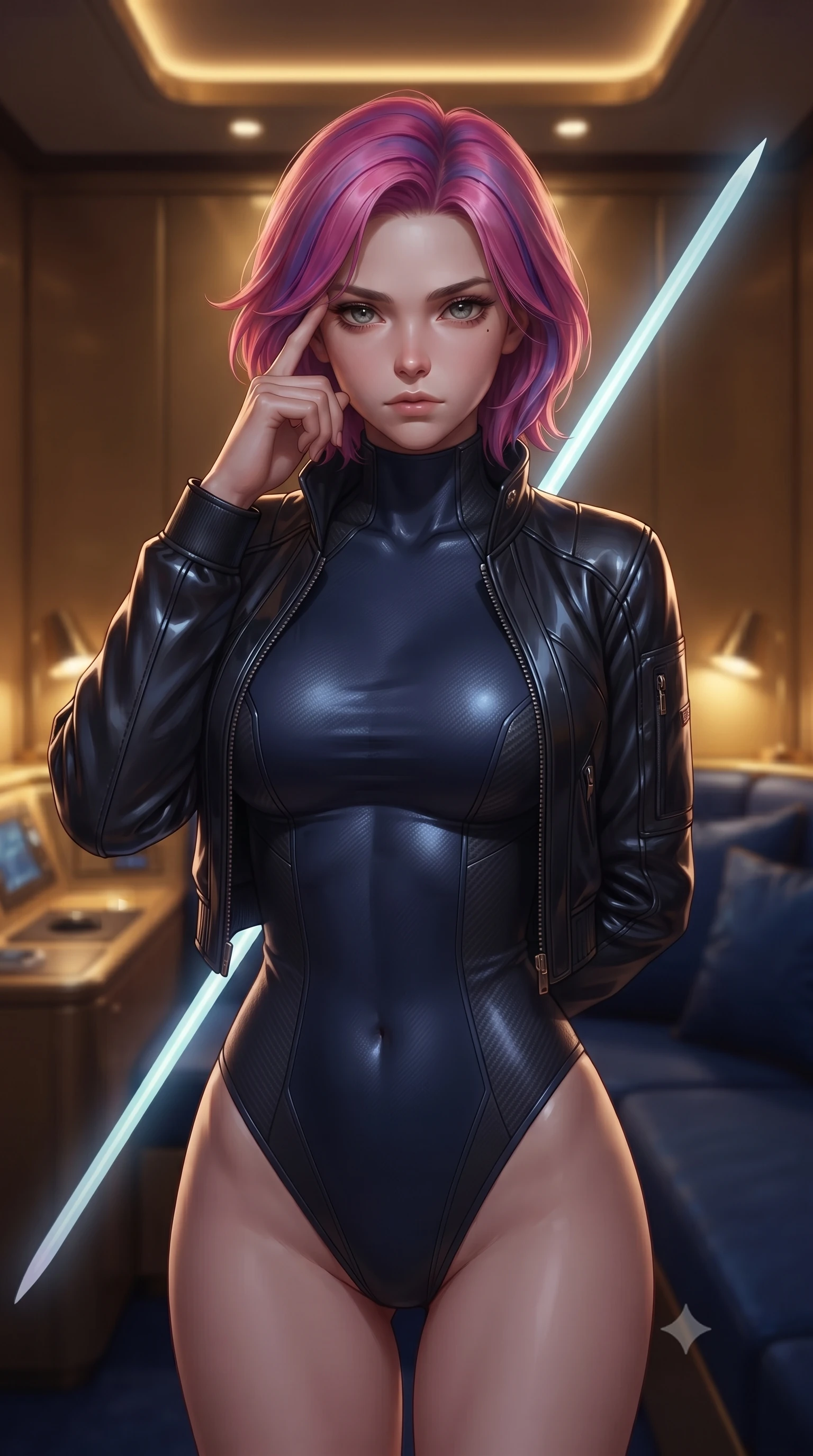 score_9, masterpiece, best quality, ultra-detailed, high-budget anime keyframe, editorial fashion photography, tasteful artistic composition, Caucasian woman. close-up cowboy shot from the waist and thighs up, the character dominates the composition, filling the frame with her large presence, background elements kept in soft focus. pressing two fingers to her temple while holding a light-spear diagonally behind her in a composed thoughtful gesture, the background shows a soft-focus a private cabin aboard a solar yacht with gold-plated walls and silk cushions. She has an exceptionally elegant, slender, and willowy female figure with an ultra-slim waist, a gracefully sculpted slender torso, and a refined silhouette. sharp v-shaped jawline, high-bridge nose, intricate jewel-like eyes with depth, thick eyelashes, glossy lips with a natural sheen. wearing a form-contouring form-contouring high-neck bodysuit in midnight blue, worn under an open carbon-plated flight jacket. warm golden light from reading consoles casting cozy, intimate shadows. ultra-reflective glossy finish, specular highlights, metallic sheen, high-contrast stereoscopic depth, volumetric dynamic lighting, 2k, ultra detail, master piece, 9:16 ratio