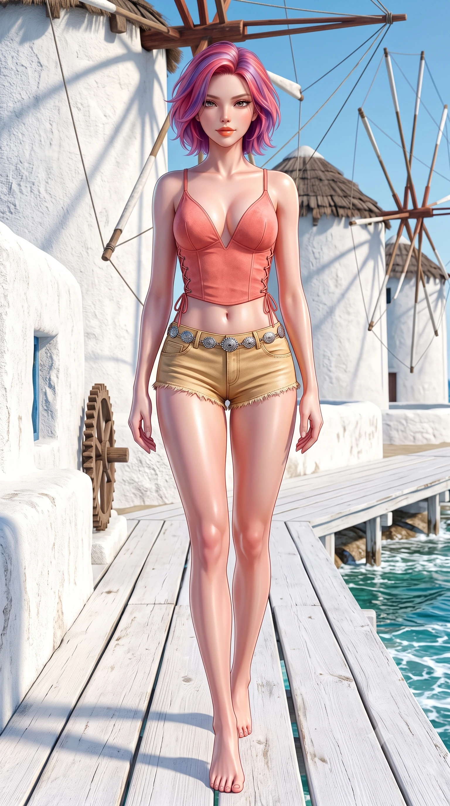 score_9, masterpiece, best quality, ultra-detailed, high-budget anime keyframe, semi-realistic 3D game render, editorial fashion photography, tasteful artistic composition, Caucasian woman. low angle full-body shot from head to toe showing her feet, filling the entire 9:16 vertical frame with her statuesque presence, stretching her vertical silhouette. stepping slowly toward the camera with hypnotic grace, hips swaying in an alluring sensual rhythm that accentuates her curvy hourglass silhouette and long slender legs while standing tall on the whitewashed boardwalk beside the historic windmills, arching her spine with effortless Aegean supermodel grace. The surrounding environment is rendered in vivid detail and crisp panoramic clarity: sharp stucco whitewash wall texture, rustic wooden windmill gear wheels, and turquoise sea foam clarity in deep focus. She has an absolutely perfect, statuesque 8.5-heads proportion, an exceptionally tall and slender model-like female figure with impossibly long slender legs, an ultra-slim waist, a flat toned midriff, narrow delicate ribcage, and beautifully sculpted feminine hips creating a graceful, slim hourglass silhouette without any bulky heaviness. sharp v-shaped jawline, high-bridge nose, sparkling eyes with hypnotic seductive depth, thick curled eyelashes, glossy parted lips with a natural dewy peach sheen, alluring bedroom-eyes with an enchanting coquettish smile, exuding magnetic siren charisma and sophisticated glamour, flawlessly proportioned anatomical accuracy, strict slender model proportions, natural body alignment, perfectly sculpted long slender limbs, ultra-slim waistline, clean dynamic posture without body distortion. wearing a plunging lace-up suede bustier top paired with ultra-short frayed denim cutoffs and a silver concho waist chain in sun-kissed coral pink and golden sand beige, woven from buttery-soft stretch lambskin leather adhering to her body like a second skin, featuring fine criss-cross lace-up side ties revealing tantalizing glimpses of her hip curve, the glove-like clinging cut tightly following the natural contour of her hips and long slender legs with youthful 8.5-heads elegance. illuminated by Aegean water reflection fill and sharp platinum rim lights sculpting her delicate clavicles, narrow waist, and curvy hips. highly saturated vibrant anime colors, detailed shading with soft gradients, rich glossy textures, high-contrast stereoscopic depth, volumetric dynamic lighting, master piece, 9:16 ratio