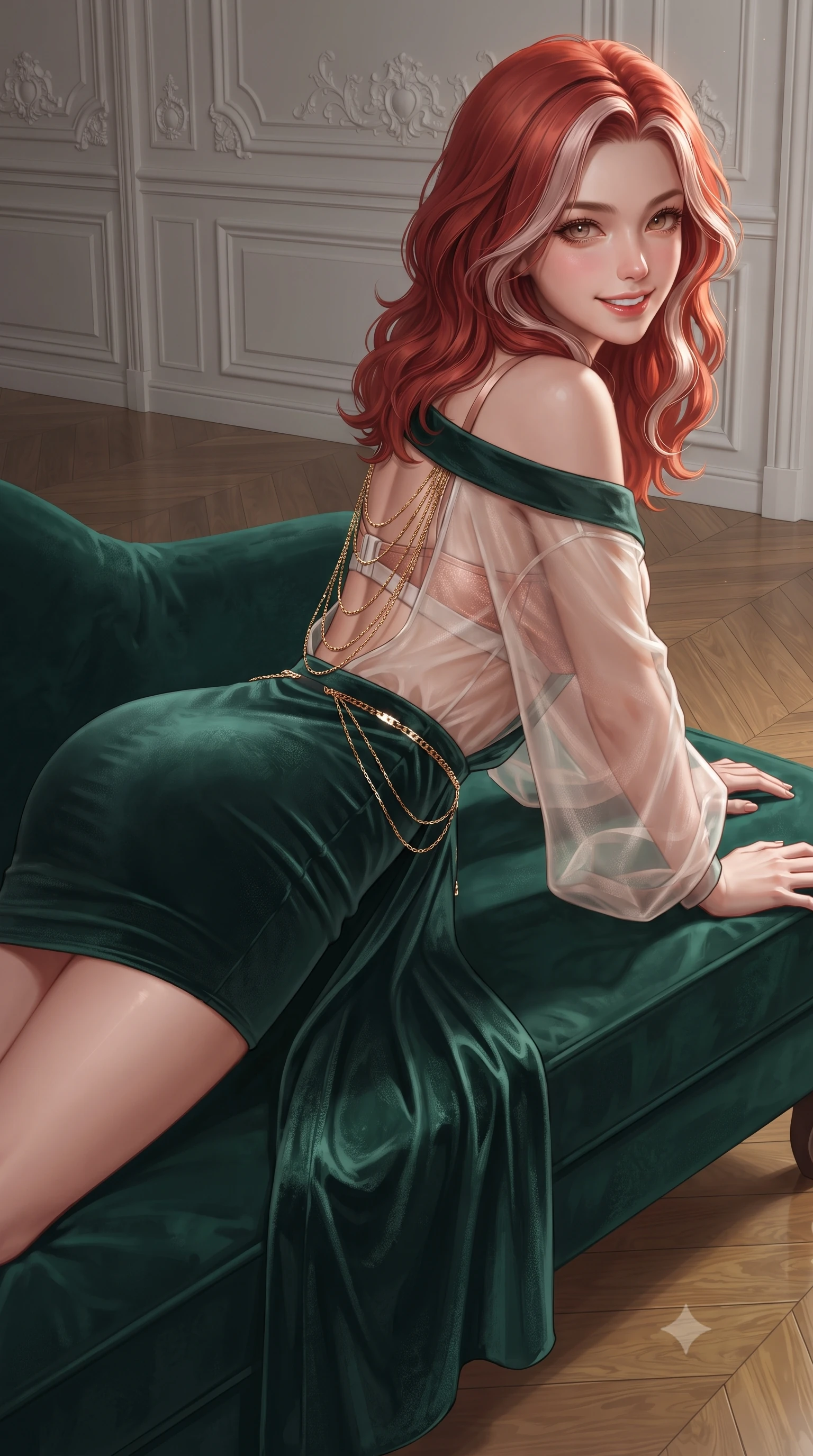 score_9, masterpiece, best quality, ultra-detailed, high-budget anime keyframe, editorial fashion photography, tasteful artistic composition, Caucasian woman. close-up cowboy shot from the waist and thighs up, the character dominates the composition, filling the frame with her large presence. leaning forward while arching her lower back to accentuate her curvy hips, looking into the camera with an intoxicating smoldering gaze and bedroom-eyes while lounging gracefully across the deep emerald velvet chaise lounge with one leg extended, arching her back with effortless siren allure. The surrounding environment is rendered in vivid detail and crisp panoramic clarity: detailed sheer illusion mesh bodysuit flocking, gold waist chain shine, and historic French craftsmanship in high resolution. She has an exceptionally elegant, slender, and willowy female figure with an ultra-slim waist, flat toned midriff, narrow ribcage, and sculpted feminine hips creating an alluring, slim hourglass silhouette without bulk. sharp v-shaped jawline, high-bridge nose, intricate jewel-like sparkling eyes with depth, thick eyelashes, glossy parted lips with a natural peach sheen, bright cheerful beaming smile with an enchanting and coquettish sensual glint, exuding both youthful cute charm and seductive allure, flawlessly proportioned anatomical accuracy, strict slender model proportions, natural body alignment, perfectly sculpted long slender limbs, ultra-slim waistline, clean dynamic posture without body distortion. wearing a modern sheer organza kimono dress with wide sleeves slipping gracefully off bare shoulders over a fitted bralette in Bel Air sunset rose gold and dewy alabaster, tailored from ultra-plush silk velvet with rich tactile depth and deep shadow gradients, accented with an open-back drape framed by falling strands of delicate gold chains, the liquid-tight tailored fabric clinging flawlessly to her narrow waist and rounded feminine hips, emphasizing every millimeter of her sculpted slim hourglass curves without any bulky heaviness. illuminated by polished parquet reflection bounce and sharp flame-gold rim lights defining her dewy collarbones, ultra-slim waist, and curvy hips. ultra-reflective glossy finish, specular highlights, rich textural contrasts, high-contrast stereoscopic depth, volumetric dynamic lighting, 2k, ultra detail, master piece, 9:16 ratio