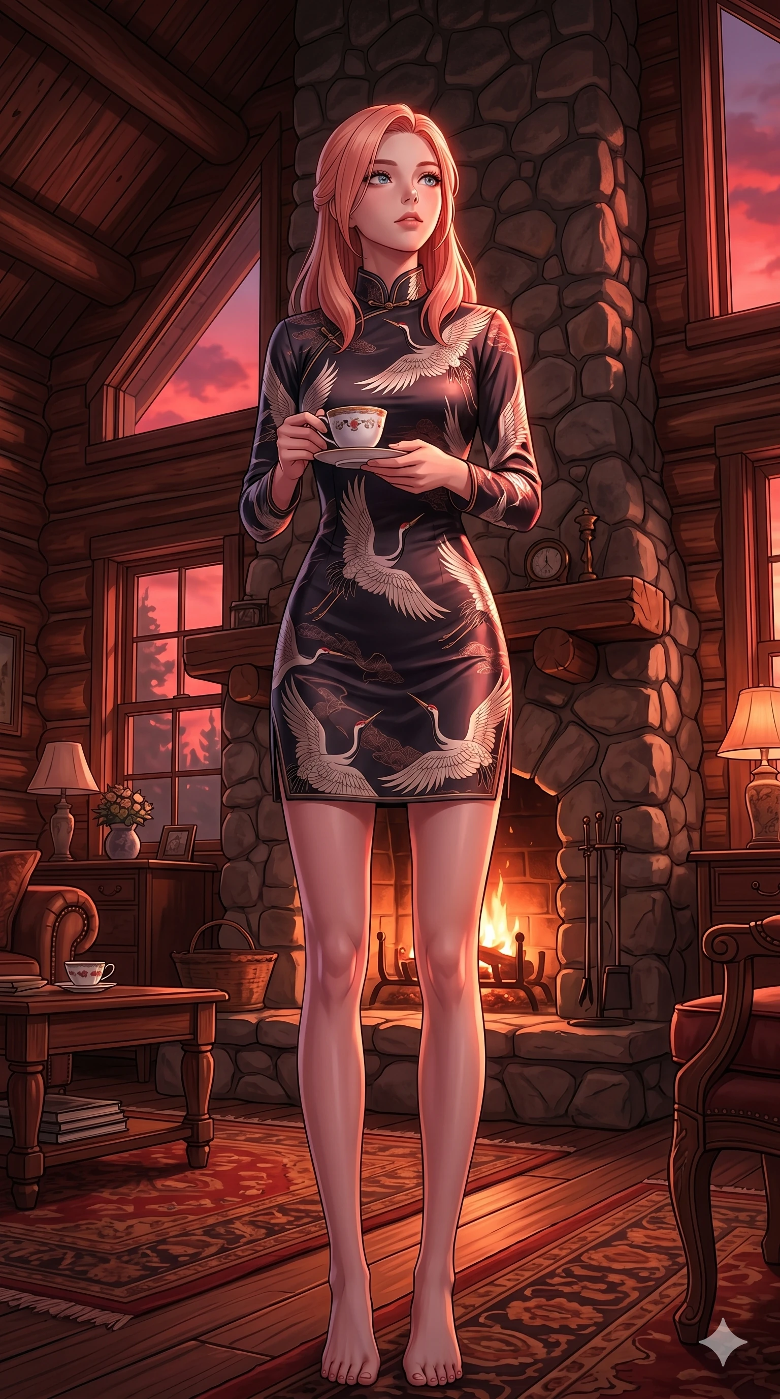 score_9, masterpiece, best quality, ultra-detailed, high-budget anime keyframe, editorial fashion photography, tasteful artistic composition, Japanese woman. low angle full-body shot from head to toe showing her feet, filling the entire 9:16 vertical frame with her statuesque presence, stretching her vertical silhouette. resting her fingers on a porcelain tea cup, looking up with a gentle, curious gaze inside a cozy log cabin room with a stone fireplace at dusk (Code-P18-038). She has an absolutely perfect 8-heads proportion, an exceptionally tall and slender female figure with impossibly long slender legs and an ultra-slim waist. V-shaped jawline, high-bridge nose, intricate jewel-like eyes with depth, thick eyelashes, glossy lips with a natural sheen. wearing a high-neck silk cheongsam with long sleeves and elegant crane prints. dramatic crimson theatrical sunset light, casting sharp highlights on every curve. 2k, ultra detail, master piece, 9:16 ratio