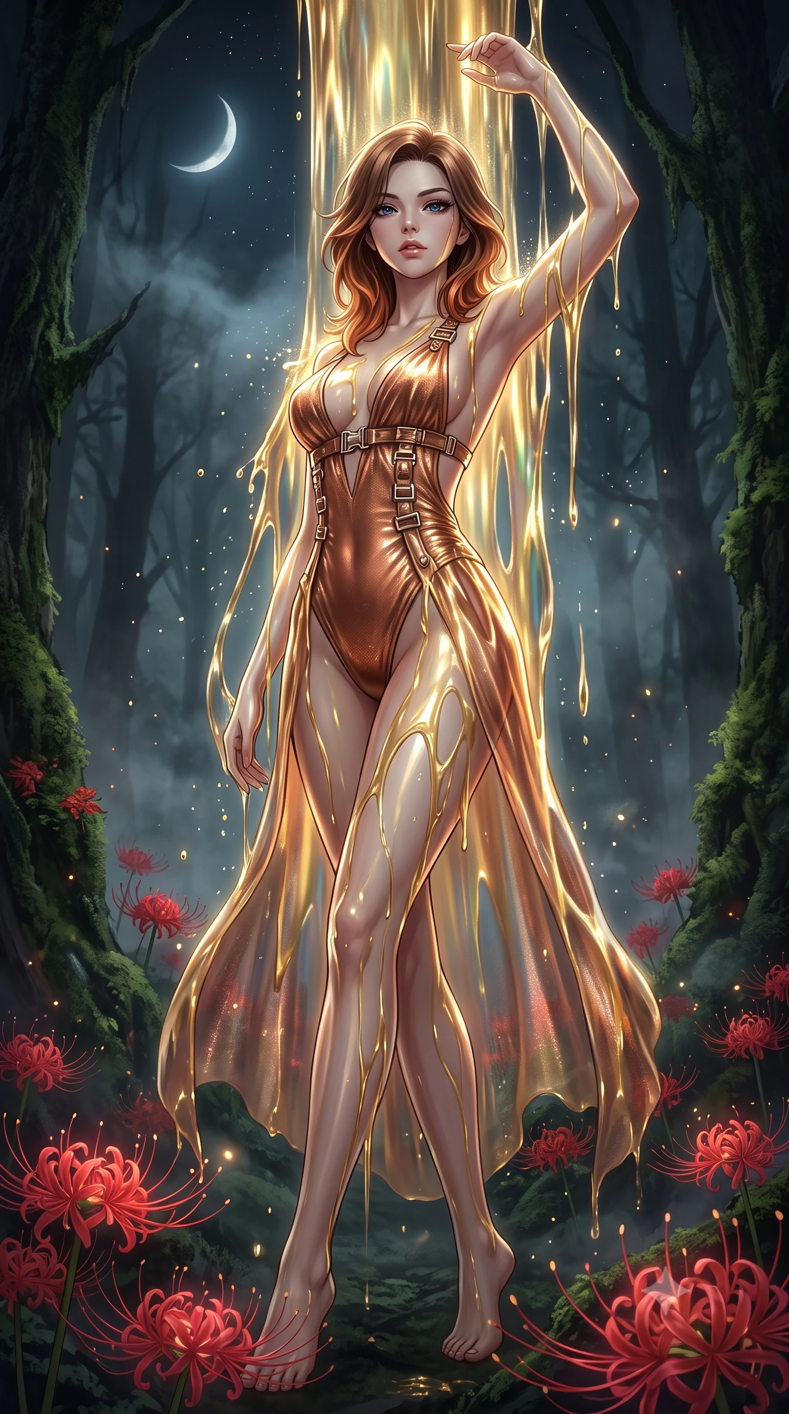 score_9, masterpiece, best quality, ultra-detailed, High-budget Anime Keyframe, East Asian woman. Low angle cowboy shot filling the entire 9:16 frame with her statuesque presence. Scenario 496: standing under a waterfall of liquid gold, the fluid coating her form, in a misty dark forest under a crescent moon with red spider lilies blooming. Her presence is magnetic and overpowering in this high-budget anime scene. Outfit 496: a slim-fit metallic copper shimmering chiffon bodysuit with a dramatic backless design and metallic buckles. The clothing is designed to emphasize her exceptionally tall and slender 8-heads proportion. 8-heads proportion, towering silhouette, ultra-slim waist. sharp v-shaped jawline, intricate jewel-like eyes with depth, thick eyelashes, glossy lips. 2k, ultra detail, master piece, 9:16 ratio