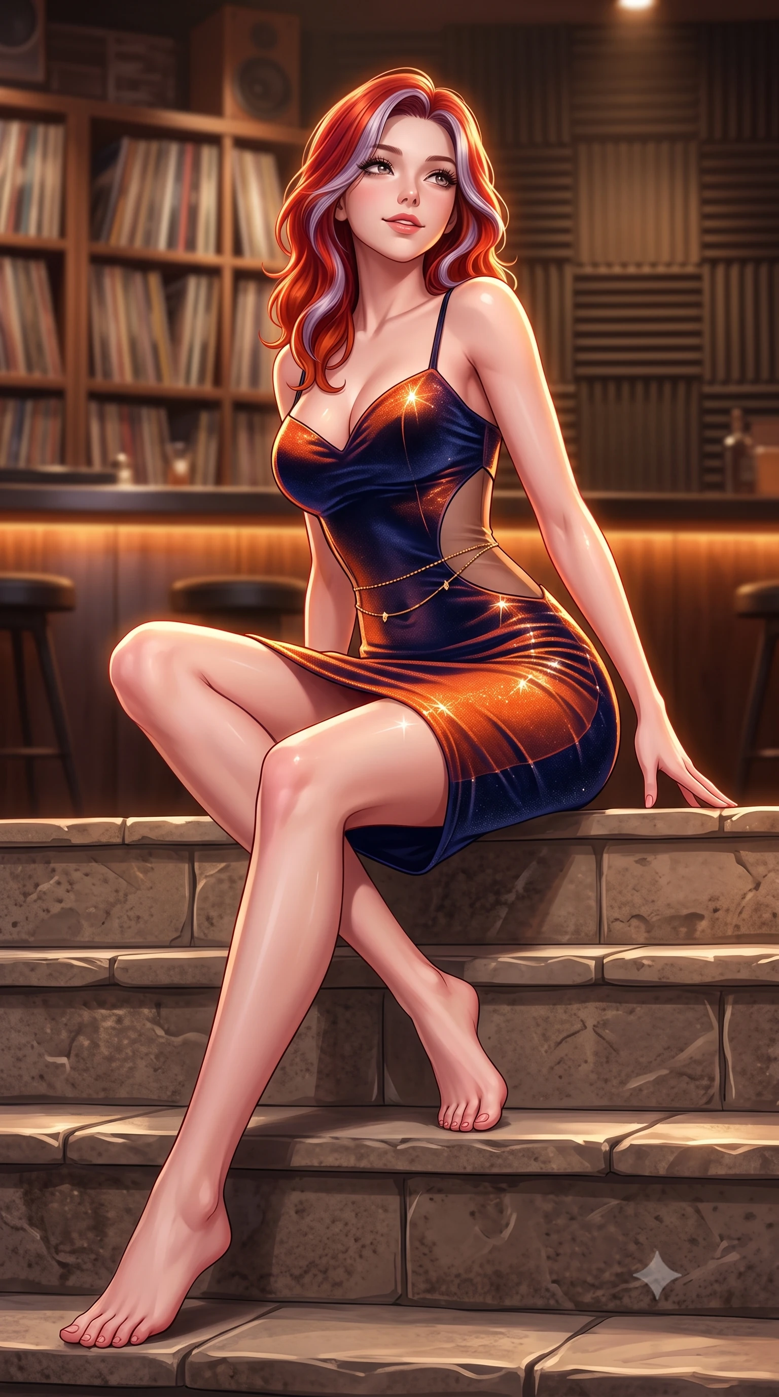 score_9, masterpiece, best quality, ultra-detailed, high-budget anime keyframe, semi-realistic 3D game render, editorial fashion photography, tasteful artistic composition, Caucasian woman. low angle full-body shot from head to toe showing her feet, filling the entire 9:16 vertical frame with her statuesque presence, stretching her vertical silhouette. sitting poised on the stone steps with one knee bent, arching her spine with supermodel elegance as she glances upward through thick eyelashes while standing poised between floor-to-ceiling vinyl shelves with hips cocked back, looking over a bare shoulder with an irresistible bedroom-gaze. The background shows a soft-focus vintage acoustic foam panels softened in intimate audiophile bar shallow focus. She has an absolutely perfect, statuesque 8.5-heads proportion, an exceptionally tall and slender model-like female figure with impossibly long slender legs, an ultra-slim waist, a flat toned midriff, narrow delicate ribcage, and beautifully sculpted feminine hips creating a graceful, slim hourglass silhouette without any bulky heaviness. sharp v-shaped jawline, high-bridge nose, sparkling eyes with hypnotic seductive depth, thick curled eyelashes, glossy parted lips with a natural dewy peach sheen, alluring bedroom-eyes with an enchanting coquettish smile, exuding magnetic siren charisma and sophisticated glamour, flawlessly proportioned anatomical accuracy, strict slender model proportions, natural body alignment, perfectly sculpted long slender limbs, ultra-slim waistline, clean dynamic posture without body distortion. wearing a deep sweetheart-neckline velvet bodycon dress with sheer side-torso cutouts accentuating her hourglass curves in sunset tangerine orange and deep navy indigo, woven from stretch metallic lurex jersey casting radiant starlight glints across her silhouette, finished with a dainty gold belly chain resting across her flat midriff and curving hips, the form-contouring silhouette accentuating her sculpted flat midriff, narrow delicate ribcage, and gracefully curvy hips with intoxicating allure. illuminated by polished bar counter bounce and sharp amber rim lighting sculpting her jawline, narrow waist, and curvy hips. highly saturated vibrant anime colors, detailed shading with soft gradients, rich glossy textures, high-contrast stereoscopic depth, volumetric dynamic lighting, master piece, 9:16 ratio