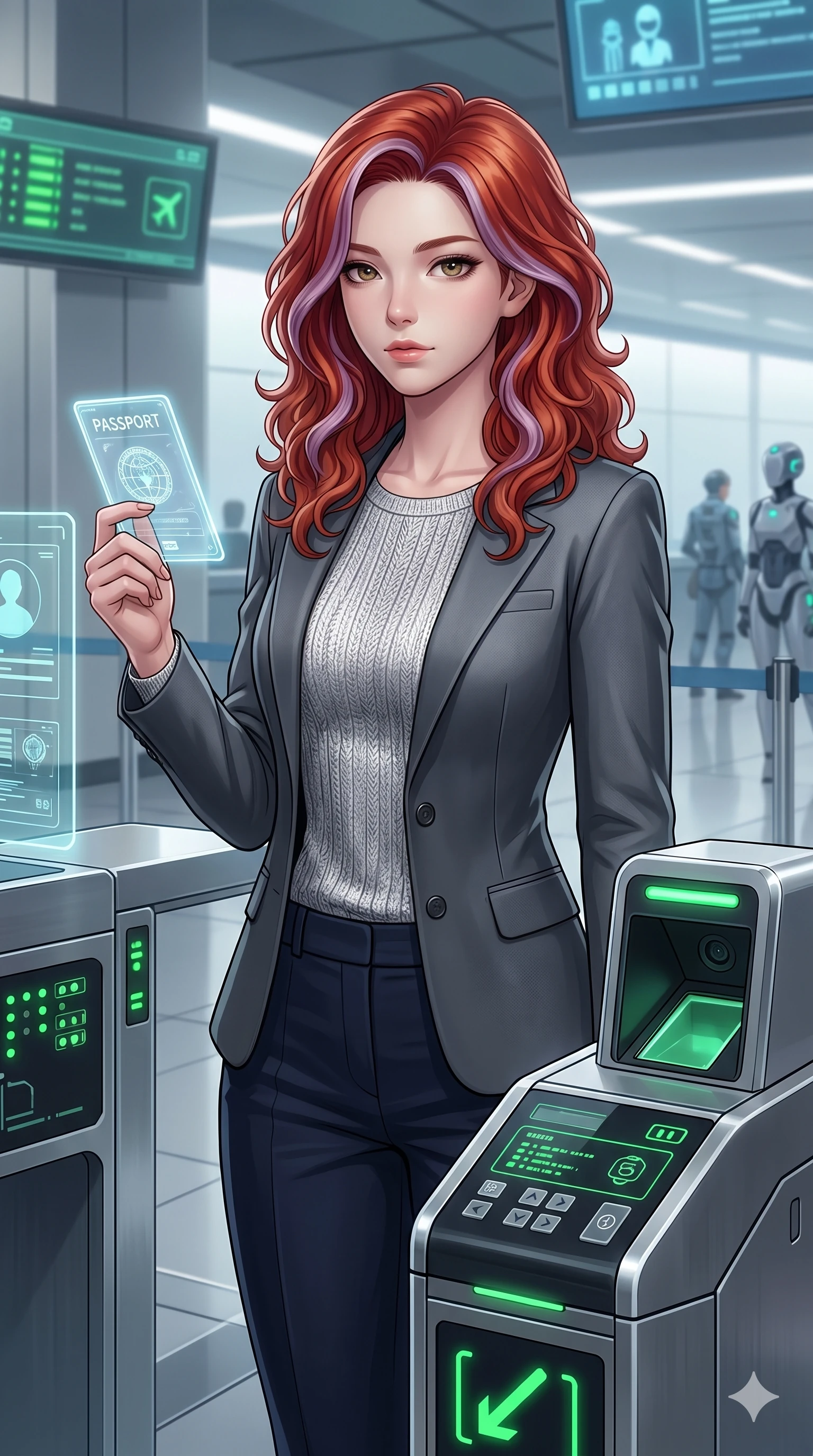 score_9, masterpiece, best quality, ultra-detailed, high-budget anime keyframe, Caucasian woman, strictly human ears. Upper body close-up from the thighs up, character filling the screen for maximum presence. Standing next to a security checkpoint in a virtual station, holding her digital passport with a calm, patient expression. She is wearing a sharp tailored jacket over a silver top and dark trousers. The scene is lit by green indicator lights and white studio key lights. 2k, ultra detail, master piece, 9:16 ratio