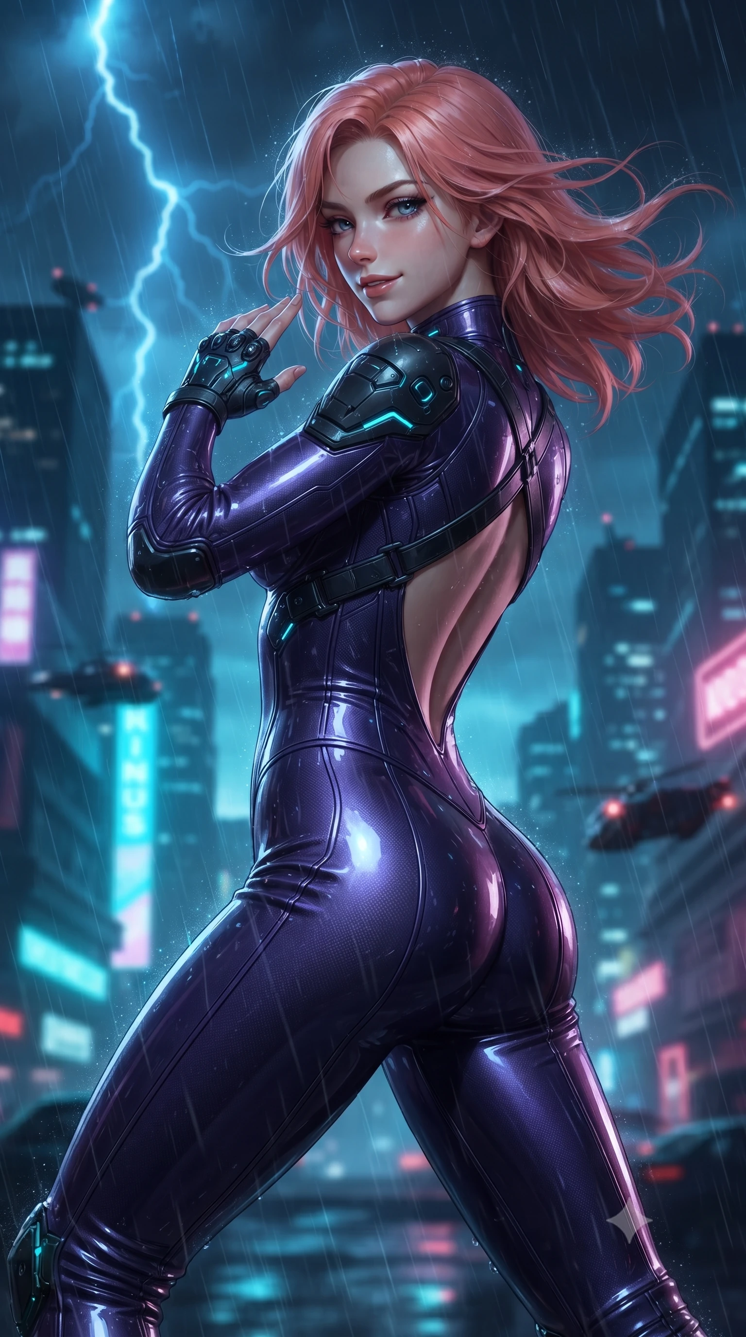 score_9, masterpiece, best quality, ultra-detailed, high-budget anime keyframe, editorial fashion photography, tasteful artistic composition, Japanese woman. close-up cowboy shot from the waist and thighs up, the character dominates the composition, filling the frame with her large presence. resting one hand in a defensive deflective posture while glancing over her shoulder with thick eyelashes and a confident, smoldering combat half-smile while arching her spine in a fluid combat stance against raging typhoon winds as neon city lights pulse through the storm. The composition keeps background elements in soft focus with creamy bokeh. helipad landing lights and flying vehicle navigation beacons softened in moody shallow focus. She has an exceptionally elegant, slender, and willowy female figure with an ultra-slim waist, a gracefully sculpted slender torso, toned flat midriff, and a refined slim silhouette. sharp v-shaped jawline, high-bridge nose, intricate jewel-like eyes with depth, thick eyelashes, glossy lips with a natural sheen, flawlessly proportioned anatomical accuracy, strict slender model proportions, natural body alignment, perfectly sculpted long slender limbs, ultra-slim waistline, clean dynamic posture without body distortion. wearing a precision-fitted royal purple carbon-fiber martial arts suit with silver accents and glowing micro-circuit knuckle plating in matte obsidian carbon black with electric cyan conduits, formed from high-gloss patent carbon-plating with specular chiaroscuro reflections, complemented by criss-cross back harness straps highlighting her completely bare spine, the form-contouring material adhering flawlessly to her sculpted flat midriff and slender torso, emphasizing her long leg lines and perfectly proportioned willowy build. bathed in dramatic blue lightning flashes and vibrant neon city ambient reflections. ultra-reflective glossy finish, specular highlights, dark metallic sheen, high-contrast stereoscopic depth, volumetric dynamic lighting, 2k, ultra detail, master piece, 9:16 ratio