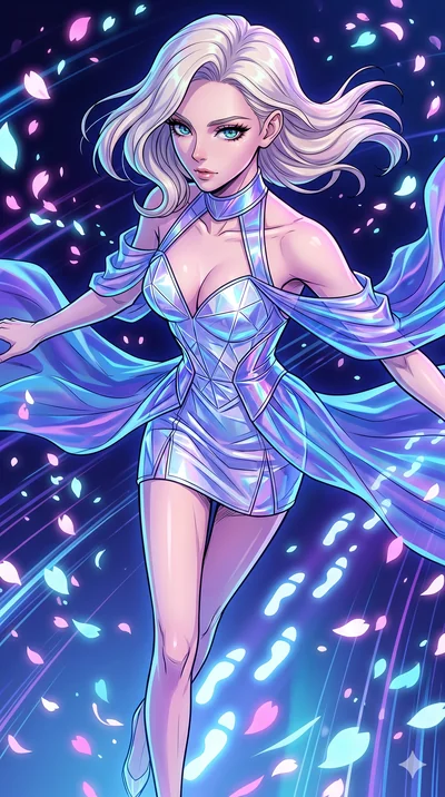 score_9, masterpiece, best quality, ultra-detailed, Set A: High-budget Anime Keyframe, Caucasian (strictly human ears) woman. Upper body close-up from the thighs up, character filling the screen for maximum presence. Sliding through a virtual reality