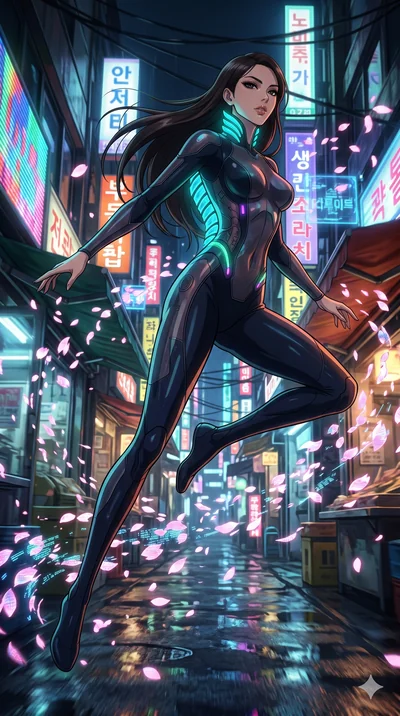 score_9, masterpiece, best quality, ultra-detailed, Set A: High-budget Anime Keyframe, Japanese woman. Low angle cowboy shot filling the entire 9:16 frame with her statuesque presence. Leaping through a neon-lit Neo-Seoul market, while her eyes glow 