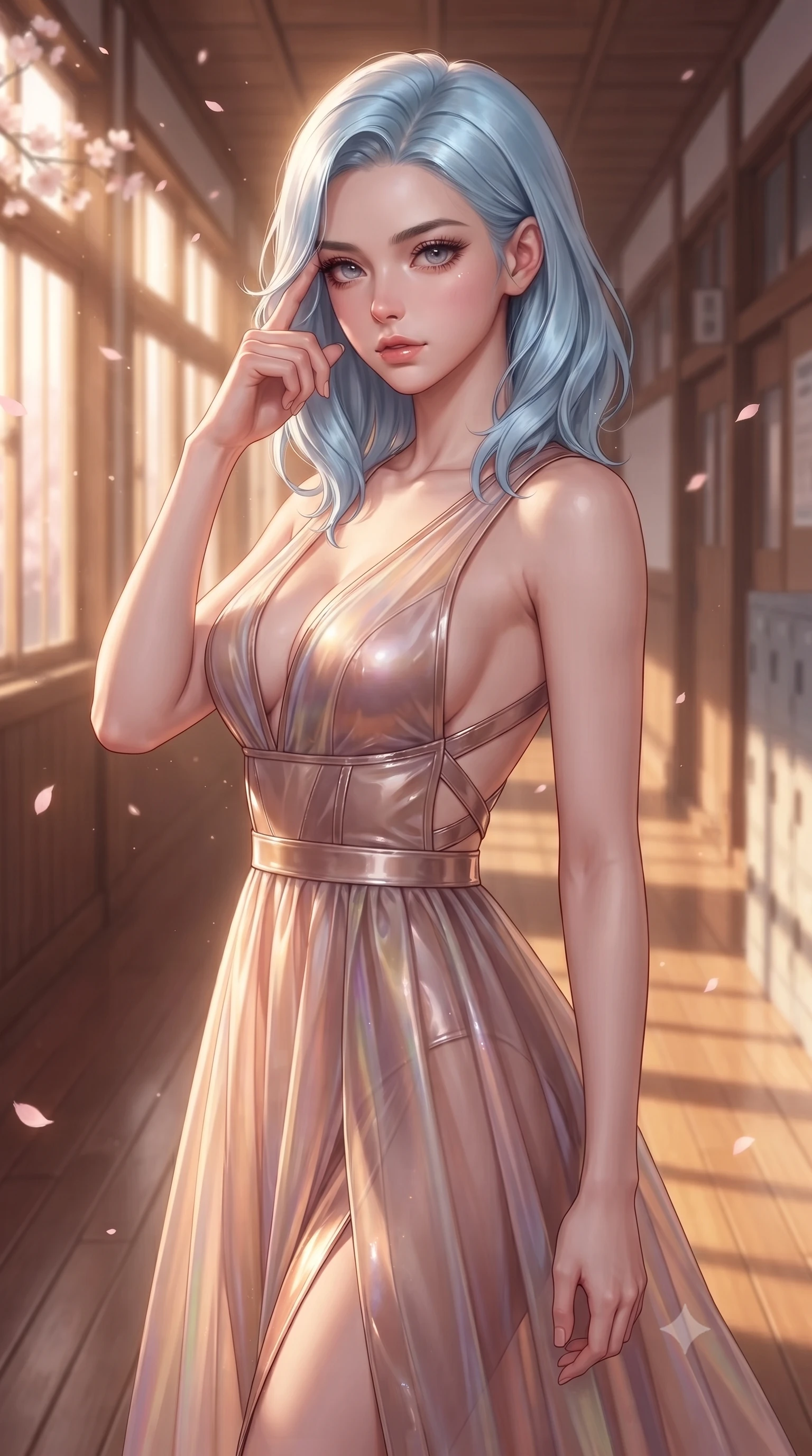 score_9, masterpiece, best quality, ultra-detailed, high-budget anime keyframe, editorial fashion photography, tasteful artistic composition, Korean woman. close-up cowboy shot from the waist and thighs up, the character dominates the composition, filling the frame with her large presence, background elements kept in soft focus. Pressing two fingers to her temple in a composed thoughtful gesture with an air of magnetic charisma walking down a quiet wooden school hallway illuminated by warm golden hour rays, fluttering cherry blossom petals catching warm golden sunset highlights. She has an exceptionally elegant, slender, and willowy female figure with an ultra-slim waist, a gracefully sculpted slender torso, and a refined silhouette. sharp v-shaped jawline, high-bridge nose, intricate jewel-like eyes with depth, thick eyelashes, glossy lips with a natural sheen. wearing a translucent iridescent chiffon gown with a plunging neckline and open back in dusty rose and champagne gold, tailored from high-gloss patent leather, complemented by criss-cross back straps highlighting her bare shoulders, the glove-like fit emphasizing her statuesque silhouette. illuminated by soft glowing evening sunbeams filtering through sakura branches. ultra-reflective glossy finish, specular highlights, metallic sheen, high-contrast stereoscopic depth, volumetric dynamic lighting, 2k, ultra detail, master piece, 9:16 ratio