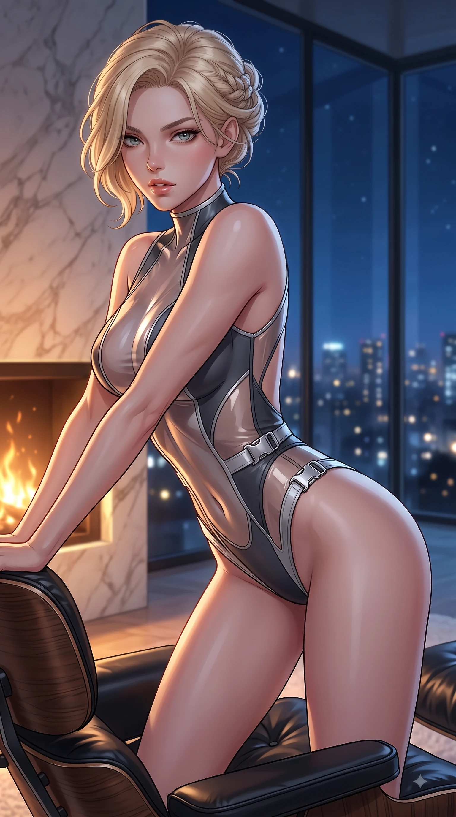 score_9, masterpiece, best quality, ultra-detailed, high-budget anime keyframe, editorial fashion photography, tasteful artistic composition, Caucasian woman. close-up cowboy shot from the waist and thighs up, the character dominates the composition, filling the frame with her large presence, background elements kept in soft focus. Leaning forward gracefully with lips parted, casting a smoldering magnetic gaze directly into the lens while resting on a leather lounge chair by a marble fireplace as soft golden hearth embers highlight her slender torso, glistening city lights twinkling softly through floor-to-ceiling glass in the background. She has an exceptionally elegant, slender, and willowy female figure with an ultra-slim waist, a gracefully sculpted slender torso, and a refined silhouette. sharp v-shaped jawline, high-bridge nose, intricate jewel-like eyes with depth, thick eyelashes, glossy lips with a natural sheen, flawlessly proportioned anatomical accuracy, natural body alignment, perfectly sculpted elegant limbs, clean dynamic posture without body distortion. wearing a high-cut translucent vinyl leotard with front paneling and open back in charcoal grey and platinum, formed from sleek second-skin neoprene, detailed with polished silver buckles along the waistline, the tailored fabric tightly following every curve of her athletic build. bathed in warm luxury ambient lighting and soft silver moonlight tracing every curve. highly saturated vibrant anime colors, detailed shading with soft gradients, rich glossy textures, high-contrast stereoscopic depth, volumetric dynamic lighting, master piece, 9:16 ratio