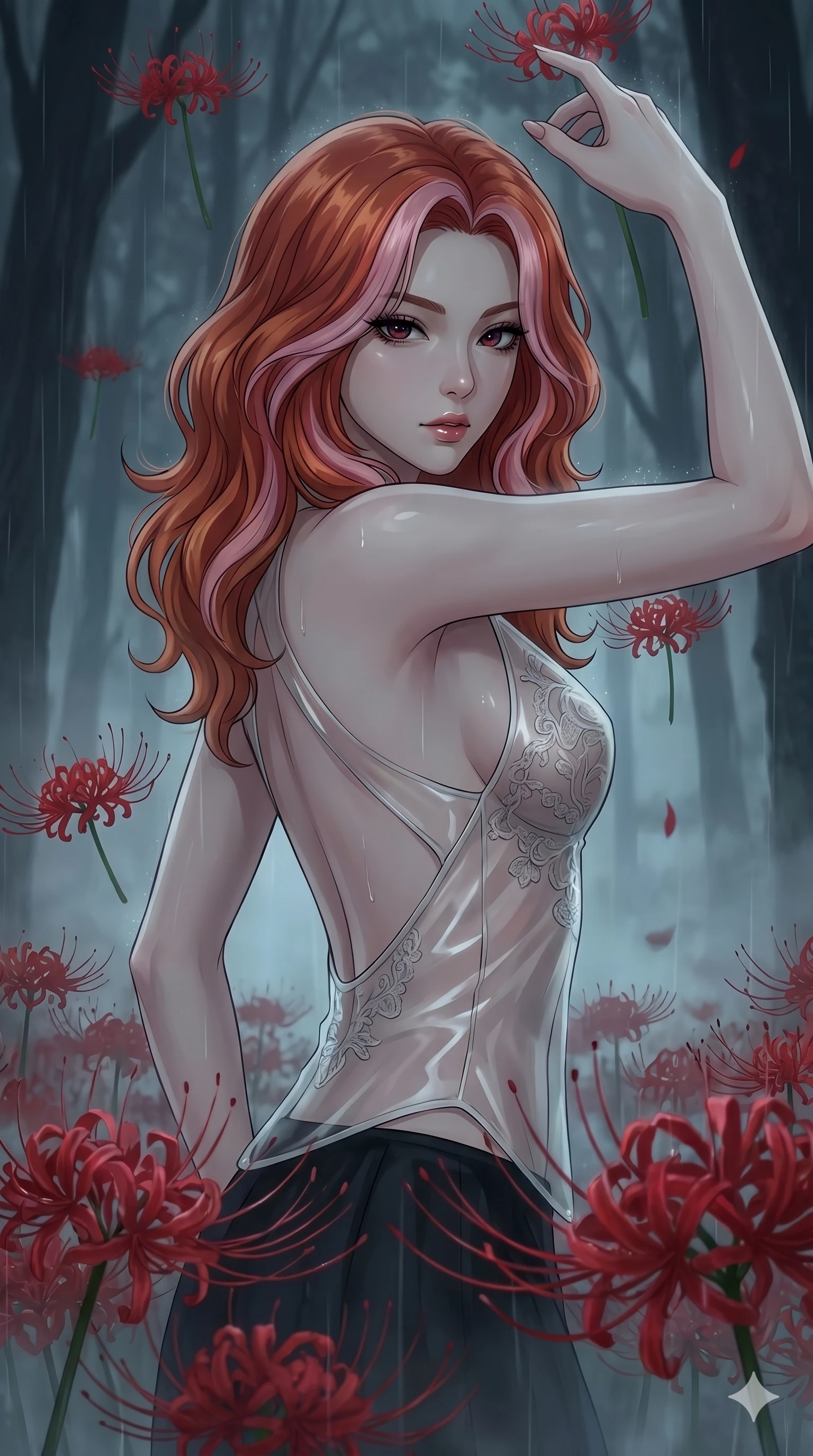 score_9, masterpiece, best quality, ultra-detailed, High-budget Anime Keyframe, East Asian woman. Low angle cowboy shot filling the entire 9:16 frame with her statuesque presence. Scenario 35: Dancing amidst falling red spider lilies in a misty dark forest. Her presence is magnetic and overpowering in this high-budget anime scene. Outfit 35: A translucent PVC bare with a backless design and delicate lace embroidery. The clothing is designed to emphasize her exceptionally tall and slender 8-heads proportion. 8-heads proportion, towering silhouette, ultra-slim waist. sharp v-shaped jawline, intricate jewel-like eyes with depth, thick eyelashes, glossy lips. 2k, ultra detail, master piece, 9:16 ratio