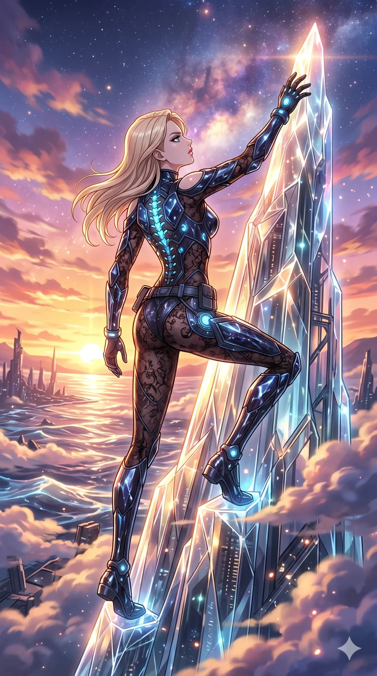 score_9, masterpiece, best quality, ultra-detailed, High-budget Anime Keyframe, vibrant colors, fluid line-art, expressive lighting, cinematic composition, Ufotable-style visual effects, top-tier animation quality, Caucasian woman with pale skin, blonde hair, and (strictly human ears). Cinematic low angle perspective showcasing her towering height and perfect 8-heads proportion. Climbing a crystalline spire of glass in a futuristic ruin, the clouds passing below her as she reaches for the summit. She has an absolutely perfect 8-heads proportion, an exceptionally tall and slender female figure with impossibly long slender legs and an ultra-slim waist, her statuesque height and towering silhouette dominating the vertical 9:16 frame. Her face is a masterpiece featuring a sharp v-shaped jawline, high-bridge nose, intricate jewel-like eyes with depth, thick eyelashes, and glossy lips with a natural sheen. She is wearing a Sheer lace catsuit with strategically placed armor plating and glowing energy nodes crafted from Obsidian-glass scales that shimmer with a dark, crystalline brilliance, boasting shoulder cut-outs and a glowing spinal interface visible through the back. The scene is set in a vibrant sunset over a futuristic crystalline ocean with waves made of liquid light, illuminated by flickering starlight and nebula glow providing a mystical and vast ambiance. 2k, ultra detail, master piece, 9:16 ratio