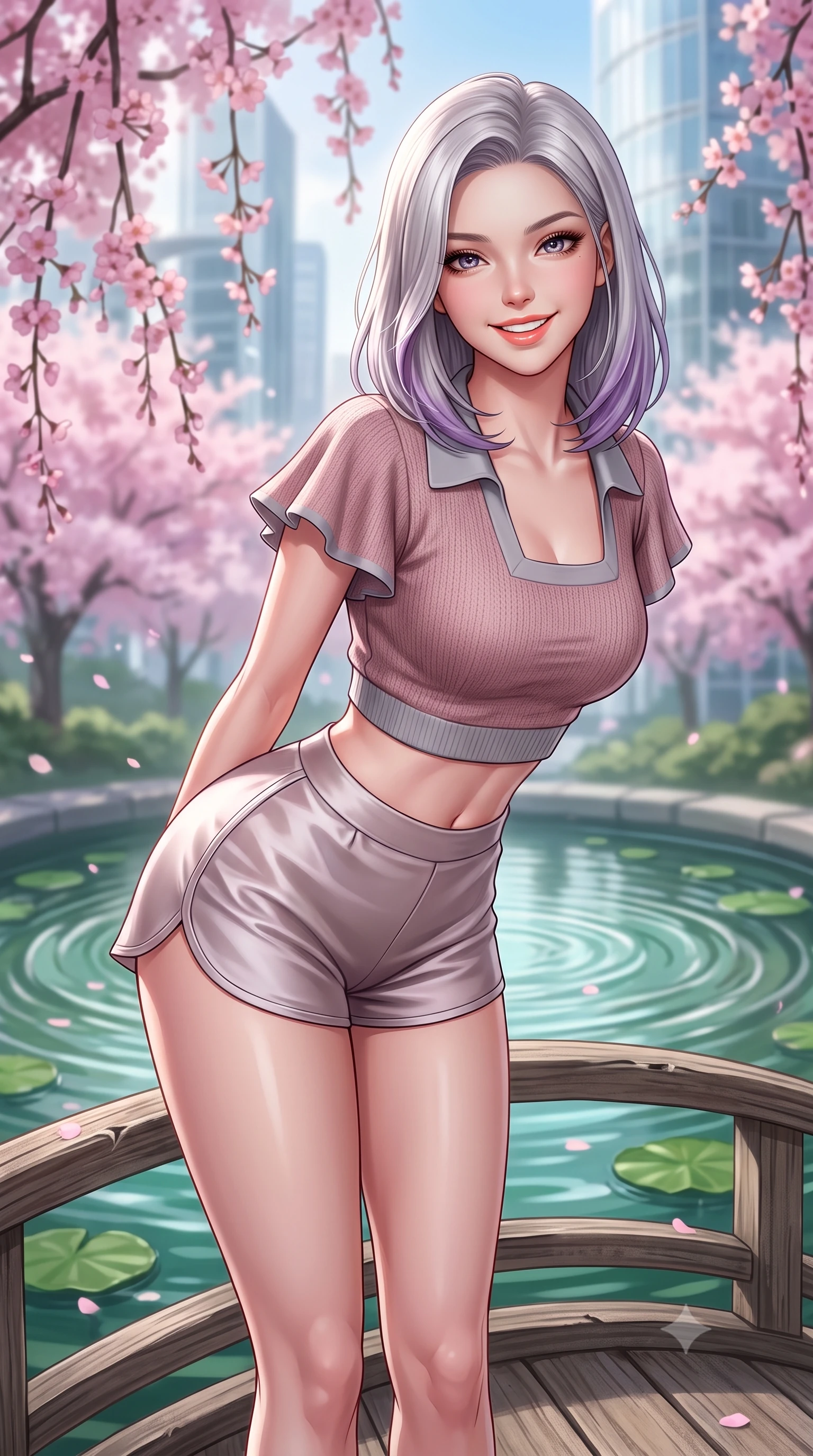 score_9, masterpiece, best quality, ultra-detailed, high-budget anime keyframe, semi-realistic 3D game render, editorial fashion photography, tasteful artistic composition, Caucasian woman. close-up cowboy shot from the waist and thighs up, the character dominates the composition, filling the frame with her large presence. leaning forward with playful cute grace while arching her lower back to accentuate her curvy hips, looking into the camera with a bright cheerful smile and alluring coquettish bedroom-eyes while standing on the curved wooden footbridge above the circular lotus pond, arching her lower back with a bright, charming smile. The composition keeps background elements in soft focus with dreamy creamy bokeh. weeping cherry blossom branches, circular lotus pond ripples, and futuristic glass tower facades blurred into sakura-pink, emerald, and glass-white bokeh. She has an exceptionally elegant, slender, and willowy female figure with an ultra-slim waist, flat toned midriff, narrow ribcage, and sculpted feminine hips creating an alluring, slim hourglass silhouette without bulk. sharp v-shaped jawline, high-bridge nose, intricate jewel-like sparkling eyes with depth, thick eyelashes, glossy parted lips with a natural peach sheen, bright cheerful beaming smile with an enchanting and coquettish sensual glint, exuding both youthful cute charm and seductive allure, flawlessly proportioned anatomical accuracy, strict slender model proportions, natural body alignment, perfectly sculpted long slender limbs, ultra-slim waistline, clean dynamic posture without body distortion. wearing a cropped knitted polo sweater paired with high-cut tailored tennis shorts hugging her rounded hips in dusty rose and soft dove grey, made of smooth fluid silk satin with a delicate pearlescent sheen, featuring elegant flutter sleeves and a graceful square neckline, the high-waisted tailoring accentuating her ultra-slim waistline and the enchanting curve of her feminine hips with alluring charm. illuminated by calm pond water reflections sharply defining her razor-sharp jawline, narrow waist, and curvy hips. highly saturated vibrant anime colors, detailed shading with soft gradients, rich glossy textures, high-contrast stereoscopic depth, volumetric dynamic lighting, master piece, 9:16 ratio