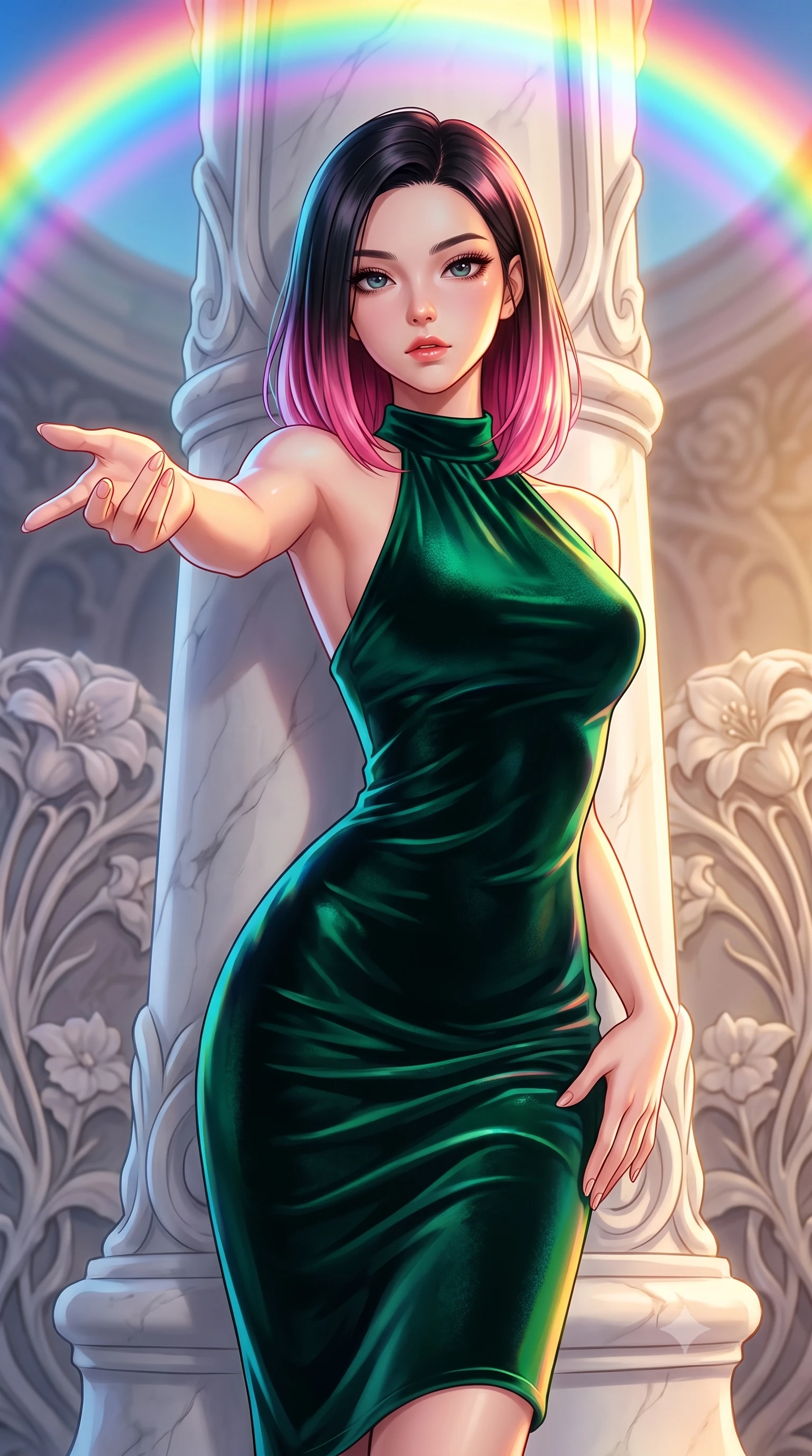 score_9, masterpiece, best quality, ultra-detailed, high-budget anime keyframe, editorial fashion photography, tasteful artistic composition, Korean woman. close-up cowboy shot from the waist and thighs up, the character dominates the composition, filling the frame with her large presence, background elements kept in soft focus. Reaching one hand gracefully toward the viewer with effortless superiority and allure resting against a sculpted white marble pillar under a rainbow dome, intricate floral Art Nouveau motifs decorating the surrounding stone. She has an exceptionally elegant, slender, and willowy female figure with an ultra-slim waist, a gracefully sculpted slender torso, and a refined silhouette. sharp v-shaped jawline, high-bridge nose, intricate jewel-like eyes with depth, thick eyelashes, glossy lips with a natural sheen. wearing a velvet halter-neck midi dress in deep emerald, following her form like a glove, the glove-like fit emphasizing her statuesque silhouette. illuminated by a warm golden key light and brilliant multi-color rim light. highly saturated vibrant anime colors, detailed shading with soft gradients, rich glossy textures, high-contrast stereoscopic depth, volumetric dynamic lighting, master piece, 9:16 ratio