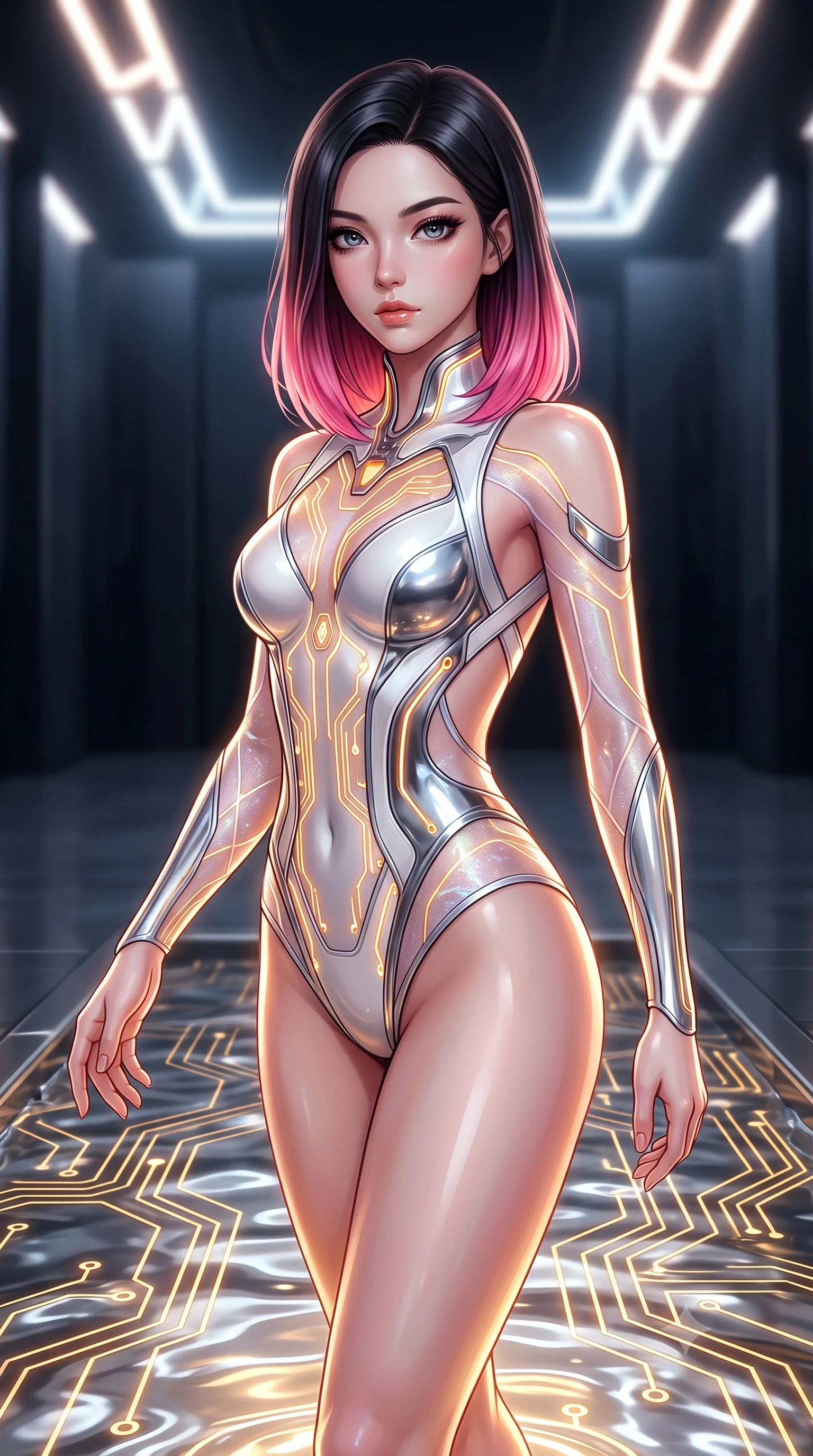 score_9, masterpiece, best quality, ultra-detailed, high-budget anime keyframe, semi-realistic 3D game render, editorial fashion photography, tasteful artistic composition, Korean woman. close-up cowboy shot from the waist and thighs up, the character dominates the composition, filling the frame with her large presence. gazing forward with divine sovereign poise, captivating jewel-like eyes shining with transcendent luminescence and alluring grace while stepping along the pool edge with an ethereal, captivating gaze as golden circuit lines pulse beneath the liquid metal. The composition keeps background elements in soft focus with creamy bokeh. monolithic obsidian sanctuary walls and neon ceiling trusses softened in luminous shallow focus. She has an exceptionally elegant, slender, and willowy female figure with an ultra-slim waist, a gracefully sculpted slender torso, toned flat midriff, and a refined slim silhouette. sharp v-shaped jawline, high-bridge nose, intricate jewel-like eyes with depth, thick eyelashes, glossy lips with a natural sheen, flawlessly proportioned anatomical accuracy, strict slender model proportions, natural body alignment, perfectly sculpted long slender limbs, ultra-slim waistline, clean dynamic posture without body distortion. wearing an aerodynamic sculpted liquid-chrome bodysuit with glowing neon fiber-optic circuitry and an elegant high-fashion cut in high-contrast monochrome white enamel and glowing amber lines, crafted from delicate iridescent organza interwoven with luminescent micro-fibers, complemented by criss-cross back straps highlighting her completely bare spine, the sleek second-skin cut tightly hugging her graceful clavicle, narrow waist, and feminine curves with athletic precision. bathed in warm golden circuit lotus uplights and glittering liquid mercury caustics. rich saturated anime colors with glowing neon highlights, detailed shading with soft gradients, rich glossy textures, high-contrast stereoscopic depth, volumetric dynamic lighting, master piece, 9:16 ratio