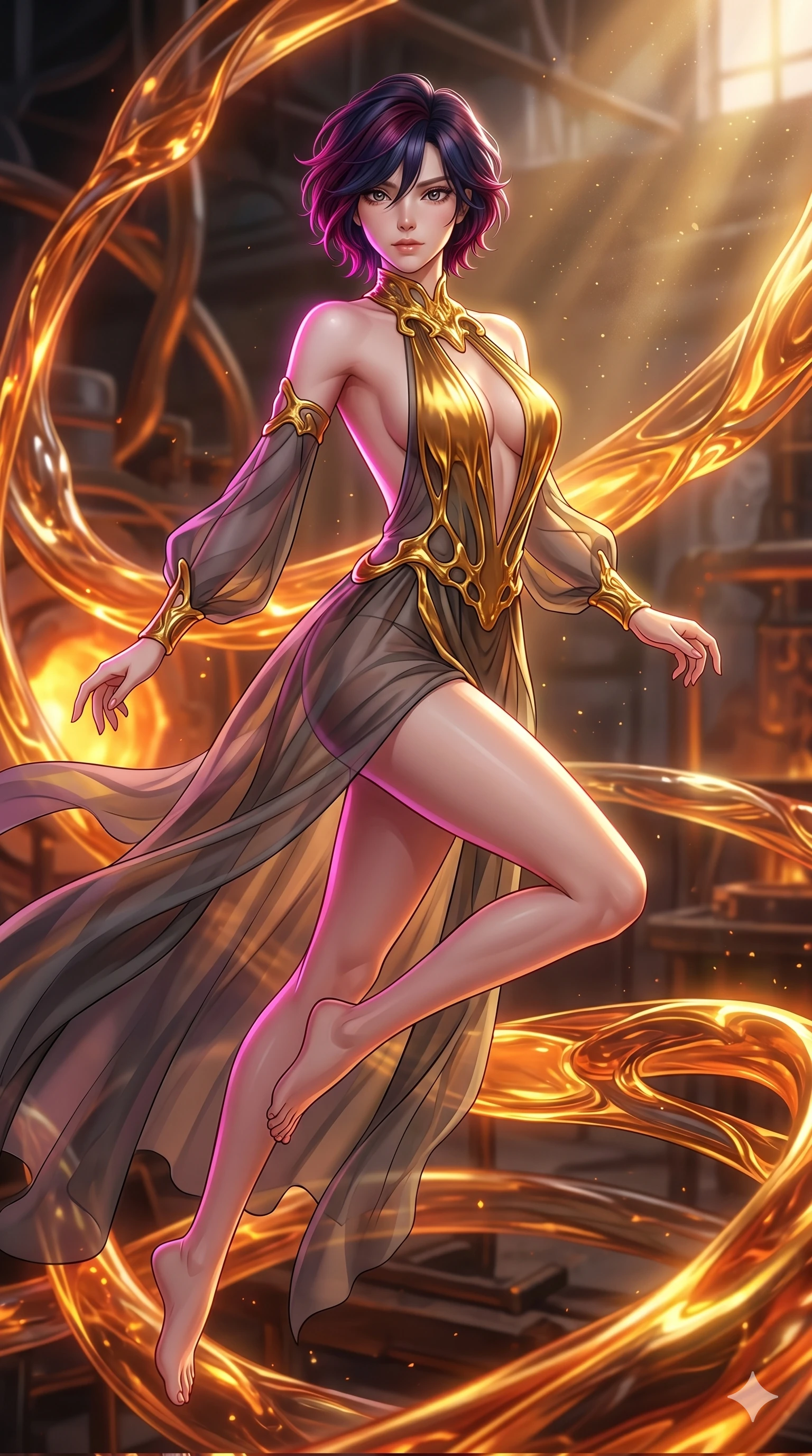 score_9, masterpiece, best quality, ultra-detailed, high-budget anime keyframe, Japanese woman. upper body close-up from the thighs up, character filling the screen for maximum presence. bounding through a molten glass art studio where twisting, glowing amber glass tubes rotate like fluid rivers in a heated environment. She has an absolutely perfect 8-heads proportion, an exceptionally tall and slender female figure with impossibly long slender legs and an ultra-slim waist. V-shaped jawline, high-bridge nose, intricate jewel-like eyes with depth, thick eyelashes, glossy lips with a natural sheen.. wearing a molten gold and chiffon gown, featuring organic liquid gold collar and cuffs on a translucent charcoal-gray halter neck chiffon gown with a deep backless design. bathed in brilliant cinematic volumetric lighting and intense neon rim light highlighting her slender form. 2k, ultra detail, master piece, 9:16 ratio