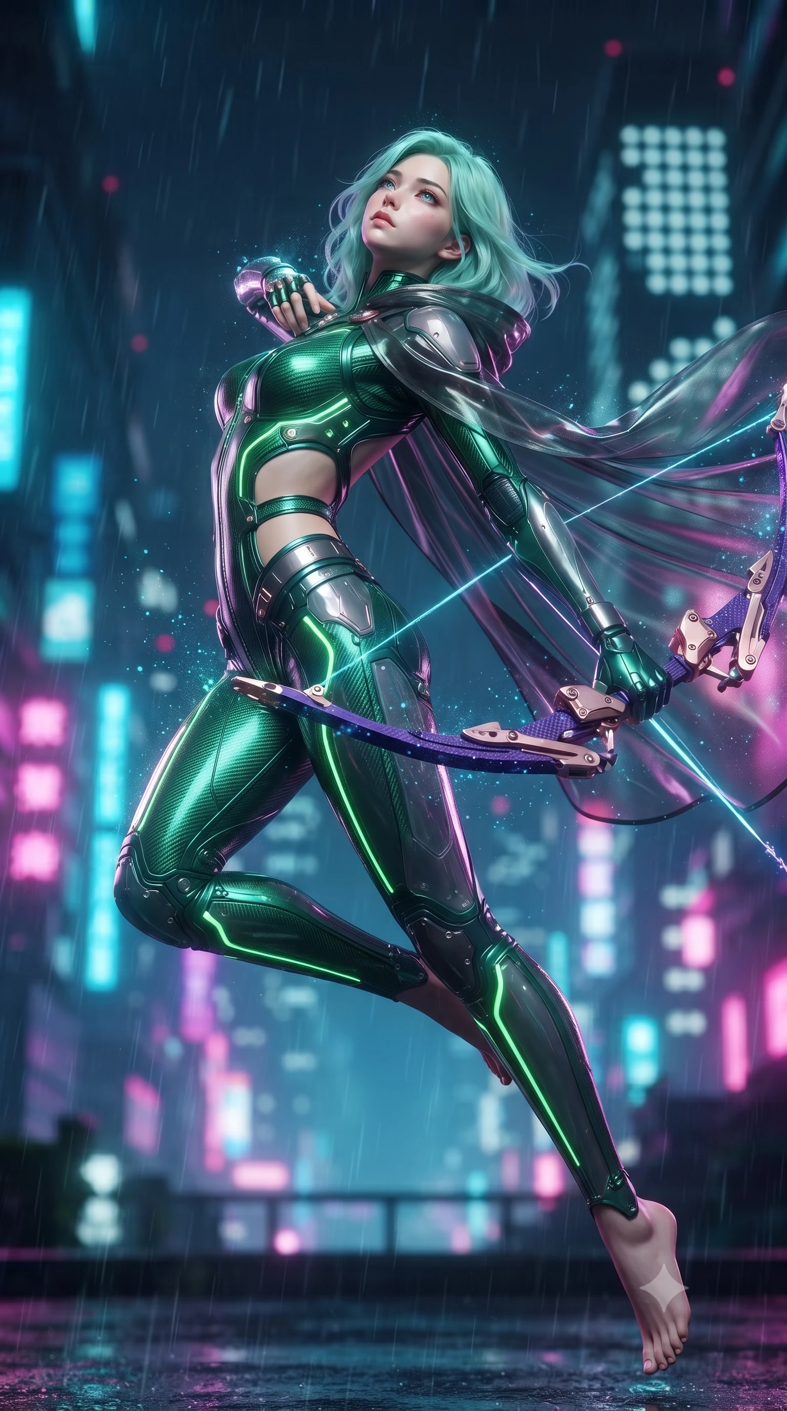 score_9, masterpiece, best quality, ultra-detailed, high-budget anime keyframe, editorial fashion photography, tasteful artistic composition, Japanese woman. low angle full-body shot from head to toe showing her feet, filling the entire 9:16 vertical frame with her statuesque presence, stretching her vertical silhouette. arching her spine in a fluid zero-gravity combat turn with sovereign grace, her long slender legs and sculpted torso creating a sweeping line of power while arching her spine in a fluid combat stance as high-altitude winds billow her sheer tactical cape against the glowing city skyline. The composition keeps background elements in soft focus with creamy bokeh. heavy neon rain streaks and distant skyscraper light grids blurred into dazzling cyan, magenta, and charcoal bokeh. She has an absolutely perfect, statuesque 8.5-heads proportion, an exceptionally tall and slender model-like female figure with impossibly long slender legs, a toned flat midriff, and an ultra-slim waist. sharp v-shaped jawline, high-bridge nose, intricate jewel-like eyes with depth, thick eyelashes, glossy lips with a natural sheen, flawlessly proportioned anatomical accuracy, strict slender model proportions, natural body alignment, perfectly sculpted long slender limbs, ultra-slim waistline, clean dynamic posture without body distortion. wearing a tailored emerald-green carbon-fiber tactical jumpsuit with glowing lime LED channels and an open cowl back, drawing a floating holographic photon energy bow with supreme grace in royal purple carbon fiber with rose-gold hardware and clasps, crafted from semi-translucent cybernetic carbon-vinyl interwoven with glowing micro-filaments, finished with high-mobility articulation joints and miniature magnetic armor locks, the precision-cut daring openings accentuating her delicate midriff, graceful bare collarbones, and ultra-slim feminine waistline. surrounded by an exhilarating, fierce, and breathtakingly stylish cyber-valkyrie aura. ultra-reflective glossy finish, specular highlights, dark metallic sheen, high-contrast stereoscopic depth, volumetric dynamic lighting, 2k, ultra detail, master piece, 9:16 ratio