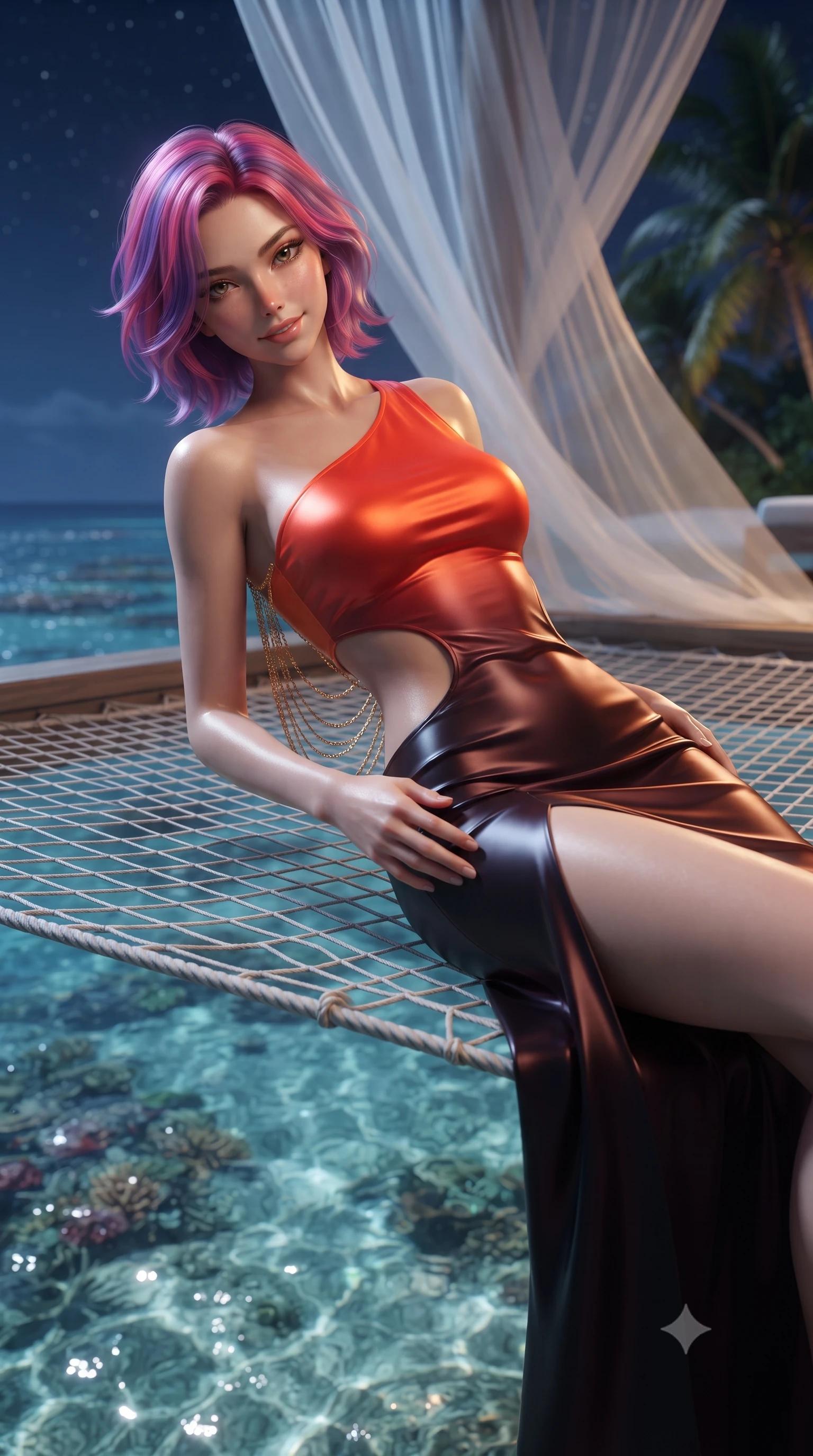 score_9, masterpiece, best quality, ultra-detailed, high-budget anime keyframe, editorial fashion photography, tasteful artistic composition, Caucasian woman. close-up cowboy shot from the waist and thighs up, the character dominates the composition, filling the frame with her large presence. tilting her head with a teasing half-smile, running one hand slowly down the side of her hip in a flirtatious S-curve as ambient light caresses her silhouette while reclining across the oversized catamaran netting suspended over the crystal-clear lagoon, arching her back with effortless siren ease as sea water shimmers beneath. The background shows a soft-focus billowing sheer white canopy netting softened in nocturnal island romance shallow focus. She has an exceptionally elegant, slender, and willowy female figure with an ultra-slim waist, flat toned midriff, narrow ribcage, and sculpted feminine hips creating an alluring, slim hourglass silhouette without bulk. sharp v-shaped jawline, high-bridge nose, sparkling eyes with hypnotic seductive depth, thick curled eyelashes, glossy parted lips with a natural dewy peach sheen, alluring bedroom-eyes with an enchanting coquettish smile, exuding magnetic siren charisma and sophisticated glamour, flawlessly proportioned anatomical accuracy, strict slender model proportions, natural body alignment, perfectly sculpted long slender limbs, ultra-slim waistline, clean dynamic posture without body distortion. wearing an asymmetric one-shoulder liquid jersey gown with dramatic hip-high slit and sculptural waist cutout in Pudong electric vermilion and obsidian lacquer, crafted from fluid liquid silk satin that clings smoothly to every curve with a dewy sheen, accented with an open-back drape framed by falling strands of delicate gold chains, the high-slit wrap tailoring accentuating her ultra-slim waistline and the enchanting curve of her feminine hips with alluring seductive charm. bathed in warm 2600K amber under-deck courtesy LED lights combined with pure silver full moonlight. ultra-reflective glossy finish, specular highlights, rich textural contrasts, high-contrast stereoscopic depth, volumetric dynamic lighting, 2k, ultra detail, master piece, 9:16 ratio