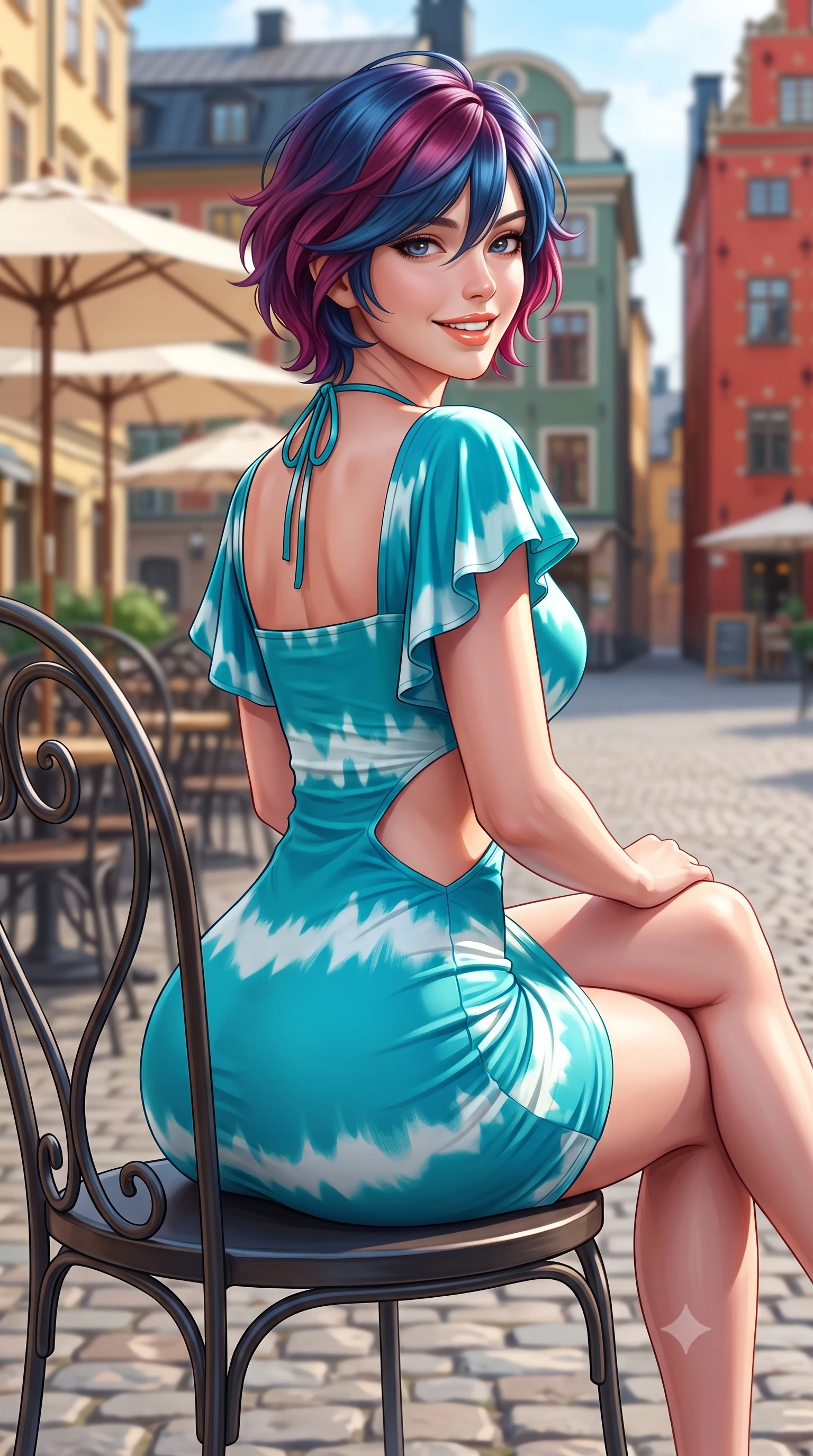 score_9, masterpiece, best quality, ultra-detailed, high-budget anime keyframe, semi-realistic 3D game render, editorial fashion photography, tasteful artistic composition, Korean woman. close-up cowboy shot from the waist and thighs up, the character dominates the composition, filling the frame with her large presence. posing in an alluring rear three-quarter angle, turning over a bare shoulder with an intoxicating cute smile, her hips cocked back to highlight her slim hourglass curve while sitting on a sunlit outdoor cafe chair with legs crossed, her long slender legs and narrow waist commanding the picturesque Swedish town square. The composition keeps background elements in soft focus with dreamy creamy bokeh. outdoor cafe umbrellas and historic cobblestone square softened in cheerful Scandinavian shallow focus. She has an exceptionally elegant, slender, and willowy female figure with an ultra-slim waist, flat toned midriff, narrow ribcage, and sculpted feminine hips creating an alluring, slim hourglass silhouette without bulk. sharp v-shaped jawline, high-bridge nose, intricate jewel-like sparkling eyes with depth, thick eyelashes, glossy parted lips with a natural peach sheen, bright cheerful beaming smile with an enchanting and coquettish sensual glint, exuding both youthful cute charm and seductive allure, flawlessly proportioned anatomical accuracy, strict slender model proportions, natural body alignment, perfectly sculpted long slender limbs, ultra-slim waistline, clean dynamic posture without body distortion. wearing a backless pastel halter sundress with side-waist diamond cutouts and an ultra-fitted hip-hugging silhouette in ocean turquoise and sea-salt white, crafted from liquid-tight stretch jersey emphasizing every curve, featuring elegant flutter sleeves and a graceful square neckline, the liquid-tight tailored fabric clinging flawlessly to her narrow waist and rounded feminine hips, emphasizing every millimeter of her sculpted slim hourglass curves without any bulky heaviness. illuminated by vibrant painted facade bounce light contouring her razor-sharp jawline, narrow waist, and curvy hips. highly saturated vibrant anime colors, detailed shading with soft gradients, rich glossy textures, high-contrast stereoscopic depth, volumetric dynamic lighting, master piece, 9:16 ratio