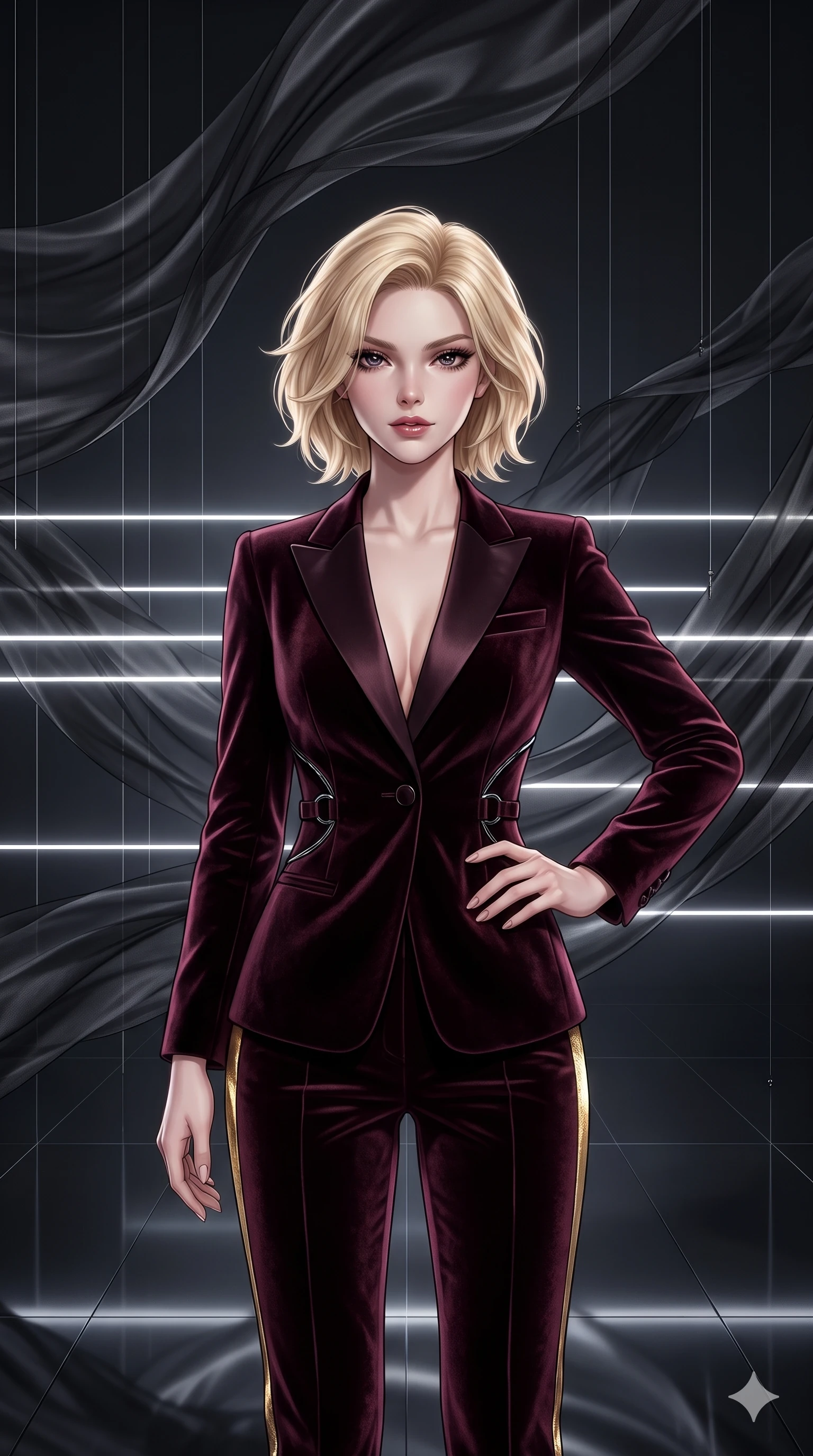 score_9, masterpiece, best quality, ultra-detailed, high-budget anime keyframe, semi-realistic 3D game render, editorial fashion photography, tasteful artistic composition, Caucasian woman. close-up cowboy shot from the waist and thighs up, the character dominates the composition, filling the frame with her large presence. holding a confident power pose with one hand on her hip, looking into the lens with smoldering intensity while standing beneath soaring suspended waves of translucent black silk, looking into the lens with an air of effortless superiority and dark allure. The surrounding environment is rendered in vivid detail and crisp panoramic clarity: sharp sheer silk weave translucency, hanging monofilament wire lines, and mirror-polished floor clarity in deep focus. She has an exceptionally elegant, slender, and willowy female figure with an ultra-slim waist, flat toned midriff, narrow ribcage, and sculpted feminine hips creating an alluring, slim hourglass silhouette without bulk. sharp v-shaped jawline, high-bridge nose, intricate jewel-like dark sparkling eyes with hypnotic seductive depth, thick curled eyelashes, glossy parted lips with a natural wine sheen, alluring bedroom-eyes with an enigmatic smoldering smile, exuding magnetic sovereign charisma and dark avant-garde glamour, flawlessly proportioned anatomical accuracy, strict slender model proportions, natural body alignment, perfectly sculpted long slender limbs, ultra-slim waistline, clean dynamic posture without body distortion. wearing a refined dark velvet pantsuit with satin lapels and tailored cigarette trousers in deep wine burgundy and lustrous gold foil, tailored from crushed dark velvet with deep light-absorbing plush texture, trimmed with dark chrome ring hardware along the waist contours, the bespoke structured tailoring following the natural line of her 8.5-heads silhouette with refined elegance. bathed in razor-thin horizontal white laser sheets slicing through billowing black silk. highly saturated vibrant anime colors, detailed shading with soft gradients, rich glossy textures, high-contrast stereoscopic depth, volumetric dynamic lighting, master piece, 9:16 ratio