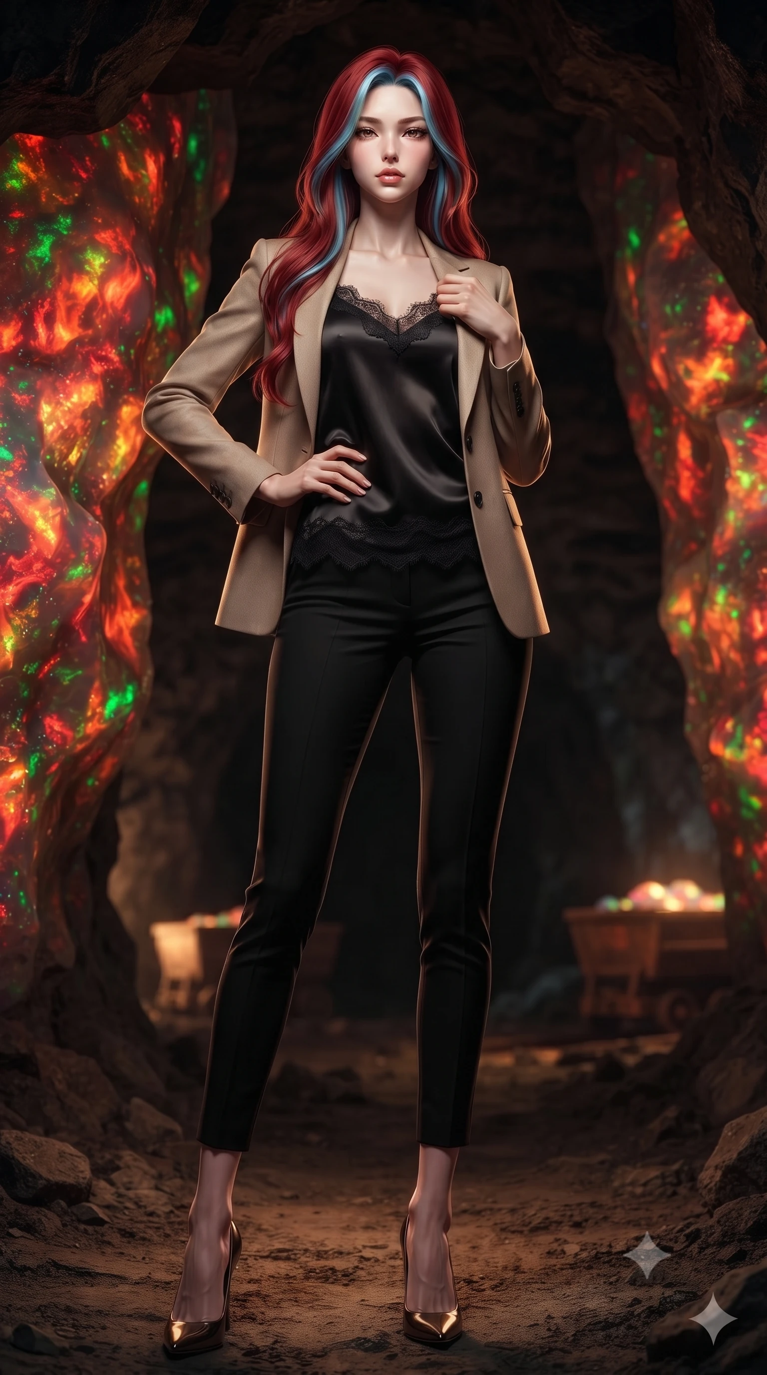 score_9, masterpiece, best quality, ultra-detailed, high-budget anime keyframe, editorial fashion photography, tasteful artistic composition, Caucasian woman, strictly human ears. low angle full-body shot from head to toe showing her feet, filling the entire 9:16 vertical frame with her statuesque presence, stretching her vertical silhouette. striking a commanding pose within deep underground in a mine where the exposed walls are solid fire opal glowing with internal flame-like patterns of red orange and green precious play-of-color shimmering and shifting with viewing angle. She has a statuesque 8.5-heads proportion, an exceptionally tall, slender and willowy model-like build with impossibly long legs and a highly sculpted ultra-slim waist. sharp v-shaped jawline, high-bridge nose, intricate jewel-like eyes with depth, thick eyelashes, glossy lips with a natural sheen. wearing a black fine lace-trimmed satin camisole layered under a structured beige blazer, paired with tailored pencil pants. dramatic chiaroscuro with a single golden key light sculpting her silhouette. 2k, ultra detail, master piece, 9:16 ratio