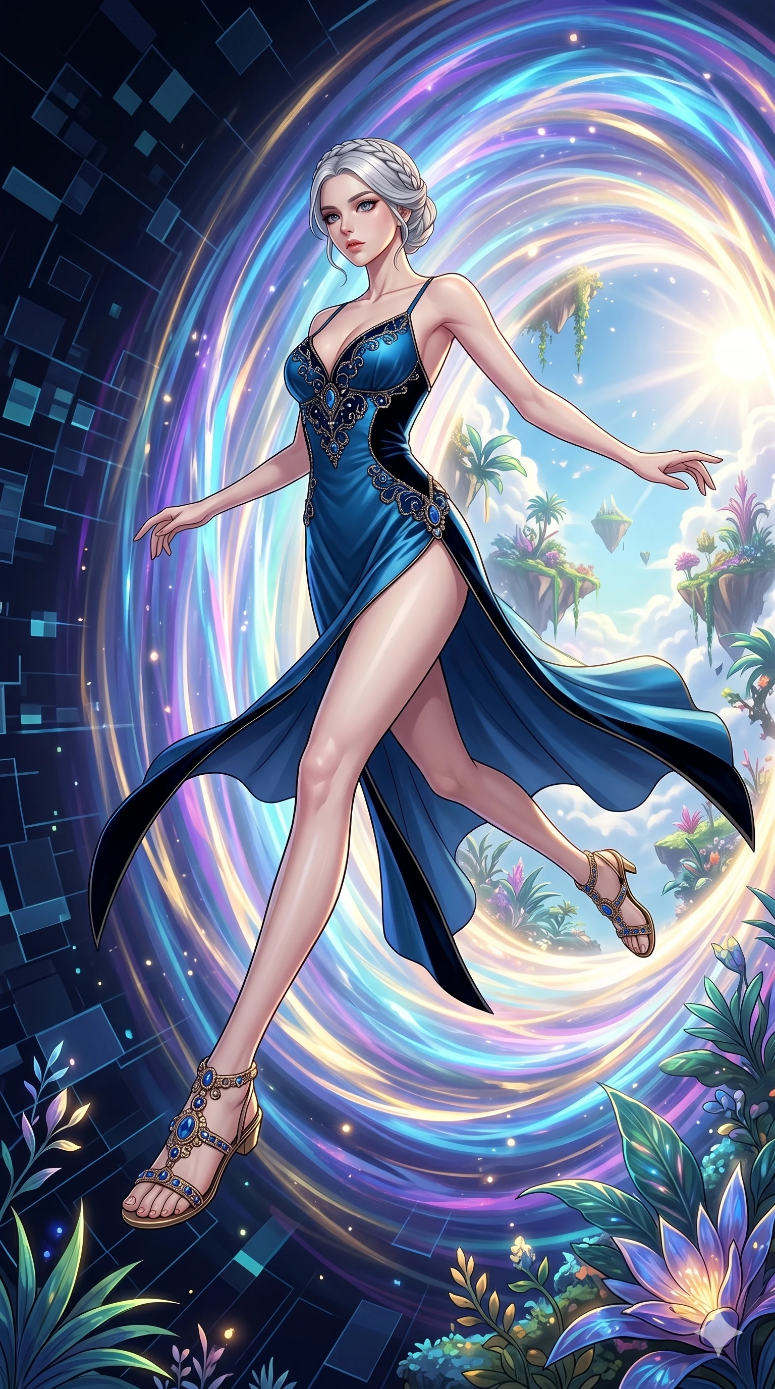 score_9, masterpiece, best quality, ultra-detailed, Set C: High-budget Anime Keyframe, Korean woman. Low angle cowboy shot filling the entire 9:16 frame with her statuesque presence. Leaping through a portal of swirling light and color into a celestial garden. She has an absolutely perfect 8-heads proportion, an exceptionally tall and slender female figure with impossibly long slender legs and an ultra-slim waist. Sharp v-shaped jawline, high-bridge nose, intricate jewel-like eyes with depth, thick eyelashes, glossy lips. Wearing a High-Fashion Editorial outfit: slip dress with a dangerously high side slit and velvet detail. Background is a bright and colorful transition between a digital void and a lush floating paradise. 2k, ultra detail, master piece, 9:16 ratio