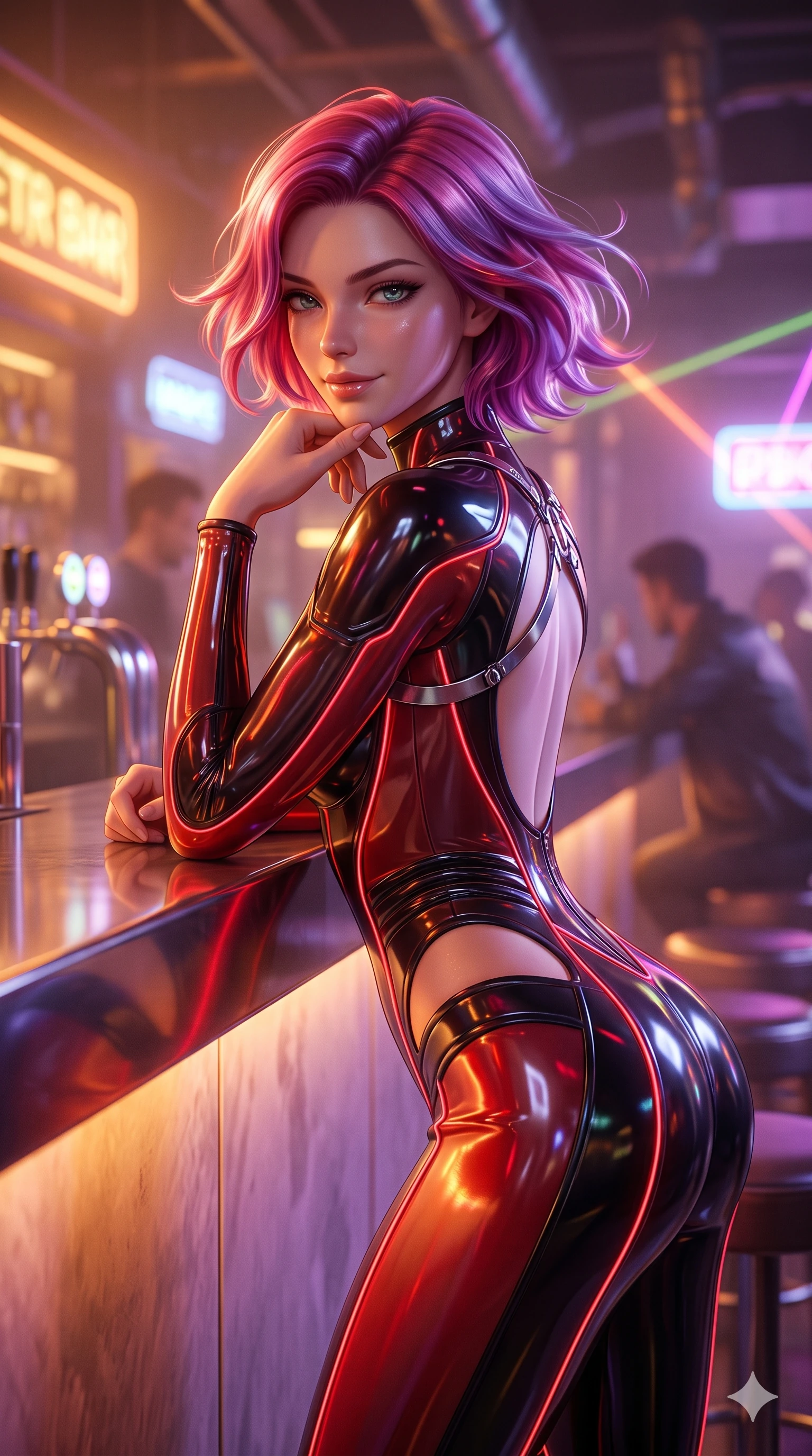 score_9, masterpiece, best quality, ultra-detailed, high-budget anime keyframe, semi-realistic 3D game render, editorial fashion photography, tasteful artistic composition, Caucasian woman. close-up cowboy shot from the waist and thighs up, the character dominates the composition, filling the frame with her large presence. turning slowly with an enchanting smoldering smile, her glossy hair tossing as her hips angle gracefully in a captivating contrapposto while leaning against the mirror-polished counter with hips cocked back, resting her chin on one hand while casting an alluring bedroom-gaze into the camera. The background shows a soft-focus hazy speakeasy atmosphere softened in underground cyber bar shallow focus. She has an exceptionally elegant, slender, and willowy female figure with an ultra-slim waist, flat toned midriff, narrow ribcage, and sculpted feminine hips creating an alluring, slim hourglass silhouette without bulk. sharp v-shaped jawline, high-bridge nose, intricate jewel-like sparkling eyes with depth, thick eyelashes, glossy parted lips with a natural sheen, bright confident smile with an enchanting and coquettish sensual glint, exuding both youthful magnetic charm and sovereign high-tech allure, flawlessly proportioned anatomical accuracy, strict slender model proportions, natural body alignment, perfectly sculpted long slender limbs, ultra-slim waistline, clean dynamic posture without body distortion. wearing a translucent high-gloss polymer flight suit with internal luminescent wire filigree and tailored waist cinching in midnight black lacquer and vibrant scarlet neon, made of fluid liquid jersey with seamless sculpting hold and smooth contours, accented with a chrome-drop body harness subtly framing her dewy collarbones and spine, the precision-cut side openings and low-back scoop framing her graceful spine and the sensual sweep of her slim, toned hips. bathed in the warm, moody amber and soft purple under-counter mood lighting with crisp laser accent beams. highly saturated vibrant anime colors, detailed shading with soft gradients, rich glossy textures, high-contrast stereoscopic depth, volumetric dynamic lighting, master piece, 9:16 ratio