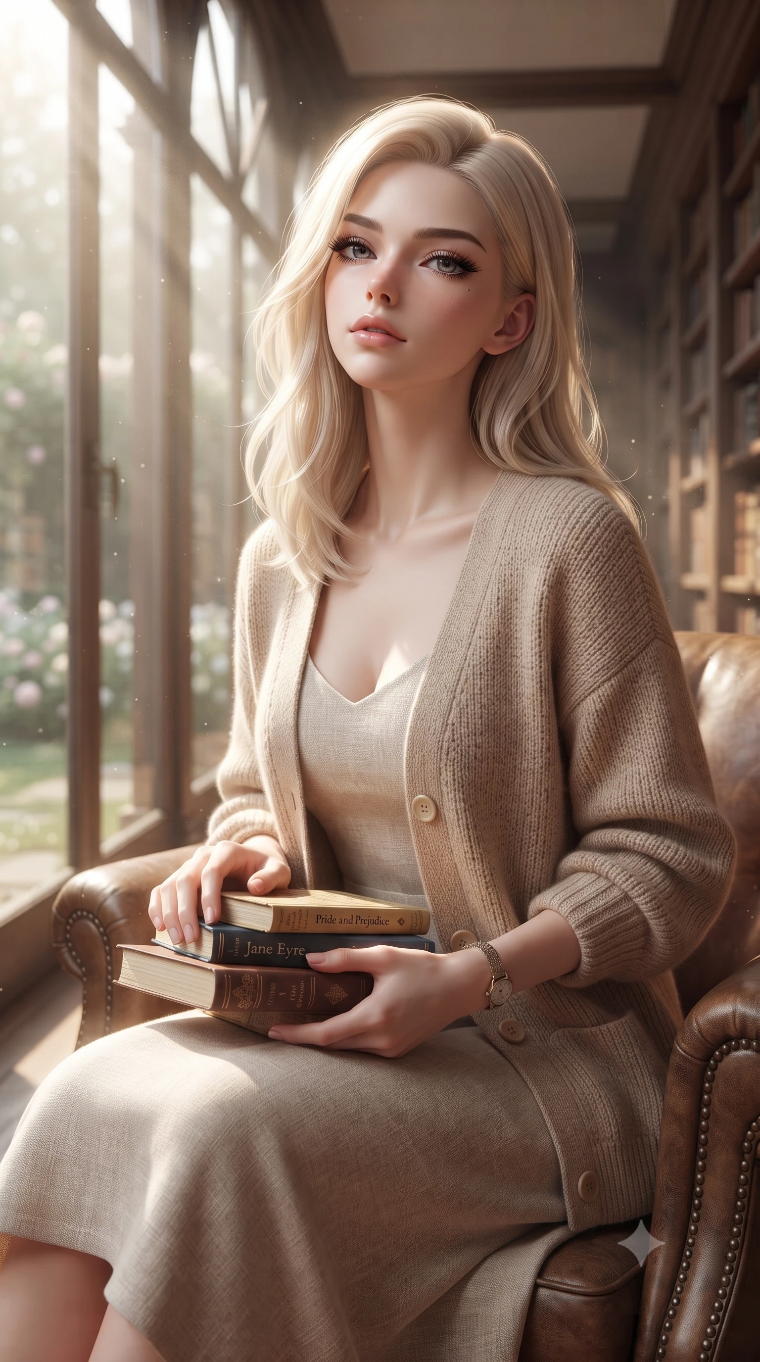 score_9, masterpiece, best quality, ultra-detailed, high-budget anime keyframe, editorial fashion photography, tasteful artistic composition, Caucasian woman. close-up cowboy shot from the waist and thighs up, the character dominates the composition, filling the frame with her large presence, background elements kept in soft focus. tilting her chin up with a composed yet magnetic gaze under long dark eyelashes set against a soft-focus background of in a quiet library corridor with glass panels showing a peaceful garden outside holding a small stack of classic novels with a bright, proud look. She has an exceptionally elegant, slender, and willowy female figure with an ultra-slim waist, a gracefully sculpted slender torso, and a refined silhouette. sharp v-shaped jawline, high-bridge nose, intricate jewel-like eyes with depth, thick eyelashes, glossy lips with a natural sheen. wearing form-contouring cozy knit cardigan in beige, layered over a casual linen dress. bright morning sunbeams slicing through the tall arched windows. ultra-reflective glossy finish, specular highlights, metallic sheen, high-contrast stereoscopic depth, volumetric dynamic lighting, 2k, ultra detail, master piece, 9:16 ratio
