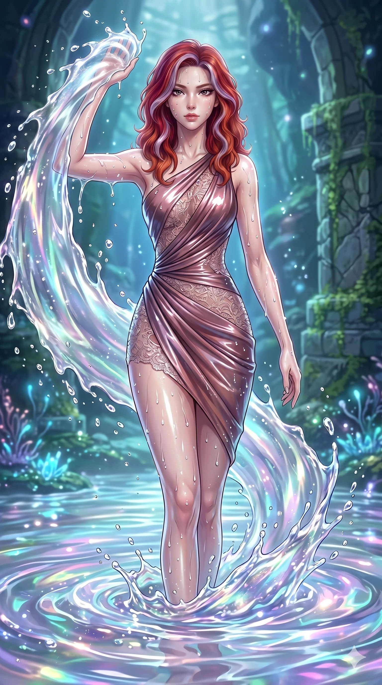 score_9, masterpiece, best quality, ultra-detailed, High-budget Anime Keyframe, East Asian woman. Dynamic full-body shot stretching the vertical silhouette to the limit. Scenario 294: Rising from a pool of shimmering fluid environment, droplets rolling off her skin. Her presence is magnetic and overpowering in this high-budget anime scene. Outfit 294: A patent leather fine technical fiber with a artistically draped detail and delicate lace embroidery. The clothing is designed to emphasize her exceptionally tall and slender 8-heads proportion. 8-heads proportion, towering silhouette, ultra-slim waist. sharp v-shaped jawline, intricate jewel-like eyes with depth, thick eyelashes, glossy lips. 2k, ultra detail, master piece, 9:16 ratio