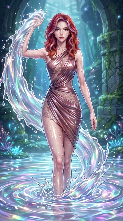 score_9, masterpiece, best quality, ultra-detailed, High-budget Anime Keyframe, East Asian woman. Dynamic full-body shot stretching the vertical silhouette to the limit. Scenario 294: Rising from a pool of shimmering fluid environment, droplets rolli
