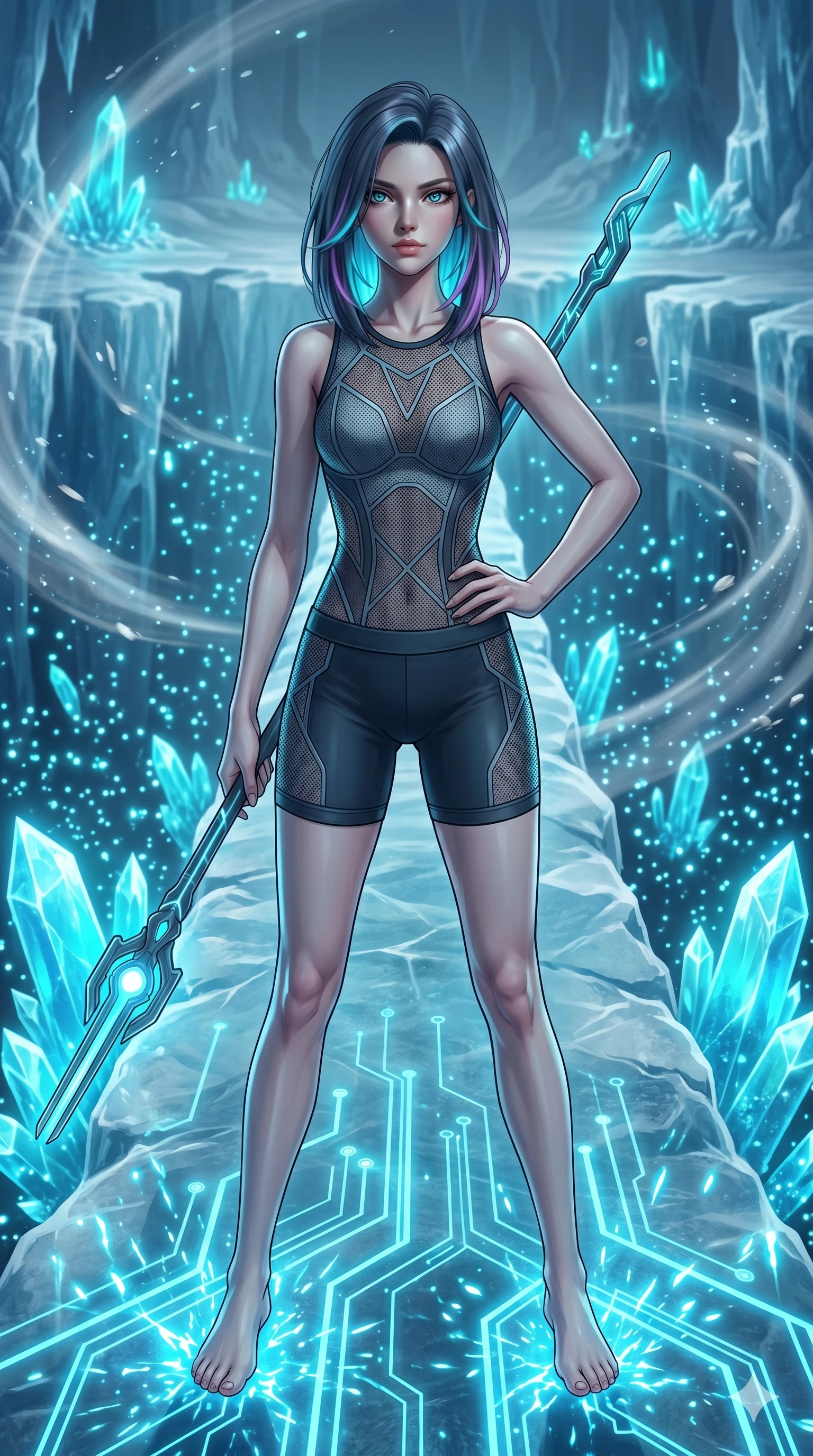 score_9, masterpiece, best quality, ultra-detailed, high-budget anime keyframe, editorial fashion photography, tasteful artistic composition, Caucasian woman, strictly human ears. cowboy shot from the thighs up, character and outfit filling the frame for maximum editorial presence. Holding a confident power pose with one hand resting firmly on her hip, her shoulders squared on a bridge of solid ice spanning a chasm filled with glowing cyan crystals, with gentle gusts of silver wind blowing through the space. She has an absolutely perfect 8-heads proportion, an exceptionally tall and slender female figure with impossibly long slender legs and an ultra-slim waist. V-shaped jawline, high-bridge nose, intricate jewel-like eyes with depth, thick eyelashes, glossy lips with a natural sheen. wearing a precision-fitted performance top with geometric mesh paneling, worn with high-waist compression shorts. lit by electric cyan sparks and glowing circuit paths from the floor, casting sharp under-lighting. 2k, ultra detail, master piece, 9:16 ratio