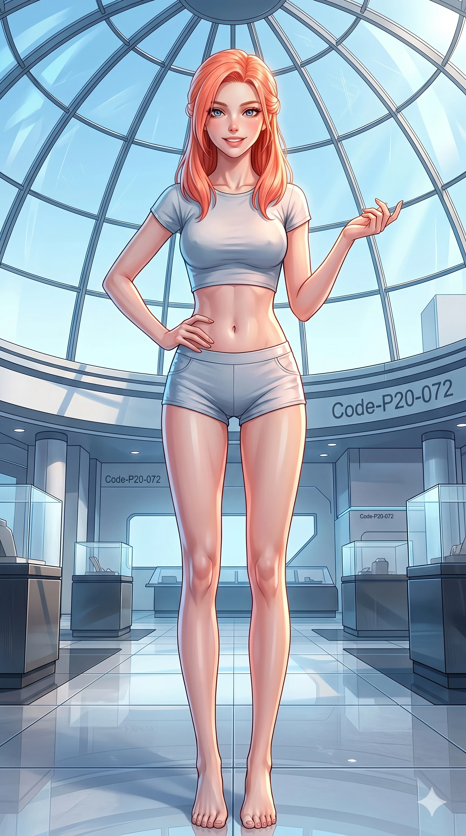 score_9, masterpiece, best quality, ultra-detailed, high-budget anime keyframe, vibrant anime aesthetic, Japanese woman. cowboy shot from the thighs up, character and outfit filling the frame for maximum presence. She is standing proud under the glass dome, her lips curved in a warm, radiant smile inside a chic showroom room with polished floors (Code-P20-072). She has an absolutely perfect 8-heads proportion, an exceptionally tall and slender female figure with impossibly long slender legs and an ultra-slim waist. V-shaped jawline, high-bridge nose, intricate jewel-like eyes with depth, thick eyelashes, glossy lips with a natural sheen. wearing a tight crop top showing her bare midriff and micro-shorts. She is cool, bright sky reflections from all sides, outlining her tall slender figure. 2k, ultra detail, master piece, 9:16 ratio