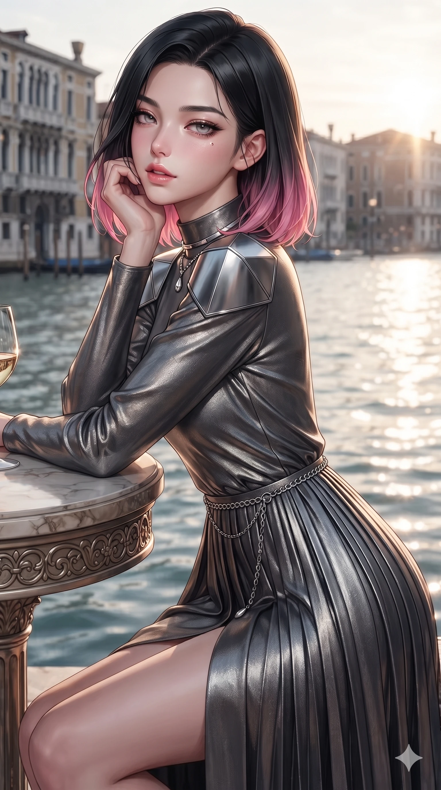score_9, masterpiece, best quality, ultra-detailed, high-budget anime keyframe, editorial fashion photography, tasteful artistic composition, Korean woman. close-up cowboy shot from the waist and thighs up, the character dominates the composition, filling the frame with her large presence. resting one elbow on the table and supporting her chin, leaning close to the camera with heavy-lidded sparkling eyes and parted lips while walking slowly along the private marble quay, looking back over her bare shoulder with an air of effortless grace and an alluring, smoldering smile as the first rays of sunlight strike the water. The surrounding environment is rendered in vivid detail and crisp panoramic clarity: detailed liquid-satin evening dress tailoring, delicate chain belts, and historic maritime architecture in high resolution. She has an exceptionally elegant, slender, and willowy female figure with an ultra-slim waist, flat toned midriff, narrow ribcage, and sculpted feminine hips creating an alluring, slim hourglass silhouette without bulk. sharp v-shaped jawline, high-bridge nose, intricate jewel-like sparkling eyes with depth, thick eyelashes, glossy parted lips with a natural sheen, intensely captivating and seductive bedroom-eyes expression, exuding both youthful cute charm and sovereign luxury allure, flawlessly proportioned anatomical accuracy, strict slender model proportions, natural body alignment, perfectly sculpted long slender limbs, ultra-slim waistline, clean dynamic posture without body distortion. wearing a refined long-sleeve high-collar silk georgette diplomatic gown with structured geometric shoulder plates and pleated skirt in charcoal grey and polished chrome, crafted from luxurious metallic lamé that shifts radiance with every step, finished with a minimalist chrome choker and a single teardrop diamond pendant, the impeccably tailored cut draping gracefully along her slender figure with aristocratic poise. illuminated by water surface bounce and sharp champagne-gold rim lights defining her razor-sharp jawline, narrow waist, and curvy hips. ultra-reflective glossy finish, specular highlights, rich textural contrasts, high-contrast stereoscopic depth, volumetric dynamic lighting, 2k, ultra detail, master piece, 9:16 ratio