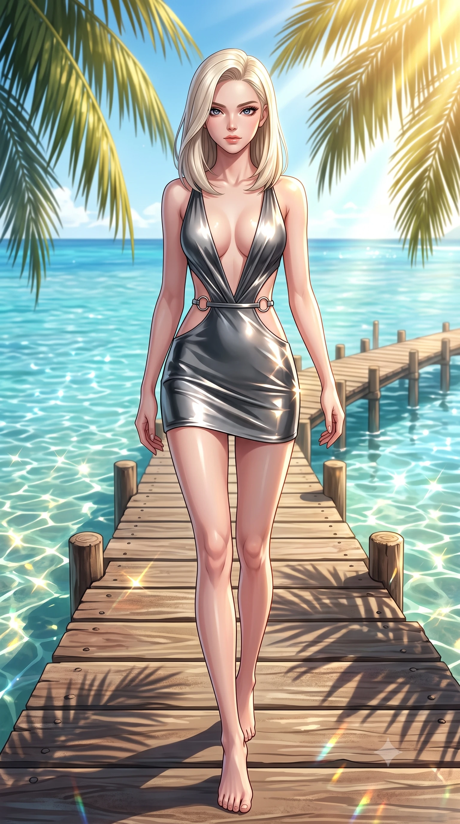 score_9, masterpiece, best quality, ultra-detailed, high-budget anime keyframe, editorial fashion photography, tasteful artistic composition, Caucasian woman. low angle full-body shot from head to toe showing her feet, filling the entire 9:16 vertical frame with her statuesque presence, stretching her vertical silhouette. navigating the luminous space with effortless poise, displaying her perfect model proportions poised on a palm-shaded wooden pier leading into crystal-clear tropical water, dazzling tropical sunlight creating glittering water refractions. She has an absolutely perfect, statuesque 8.5-heads proportion, an exceptionally tall and slender model-like female figure with impossibly long slender legs and an ultra-slim waist. sharp v-shaped jawline, high-bridge nose, intricate jewel-like eyes with depth, thick eyelashes, glossy lips with a natural sheen. wearing a liquid mercury gloss mini dress with ultra-deep V-neck and waist cutouts in charcoal grey and platinum, crafted from smooth liquid silk, accented with delicate chrome ring hardware framing her waist, the form-contouring material highlighting her ultra-slim waist and long lines. bathed in intense golden tropical sunshine and shimmering water reflections. highly saturated vibrant anime colors, detailed shading with soft gradients, rich glossy textures, high-contrast stereoscopic depth, volumetric dynamic lighting, master piece, 9:16 ratio