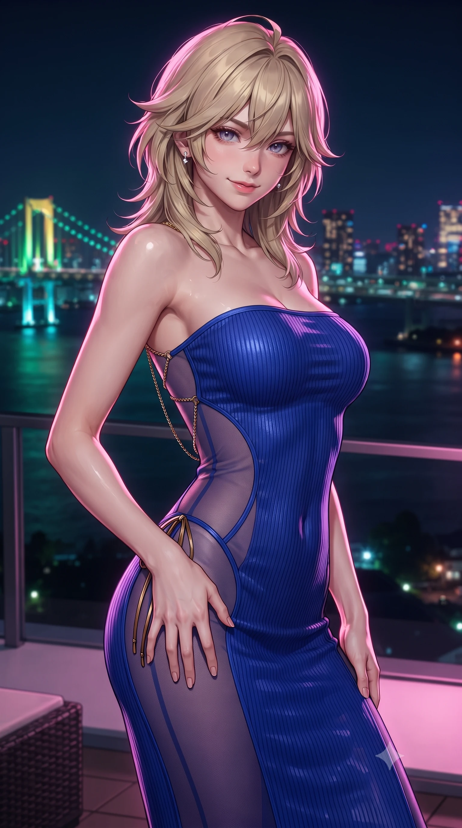 score_9, masterpiece, best quality, ultra-detailed, high-budget anime keyframe, editorial fashion photography, tasteful artistic composition, Japanese woman. close-up cowboy shot from the waist and thighs up, the character dominates the composition, filling the frame with her large presence. tilting her head with a teasing half-smile, running one hand slowly down the side of her hip in a flirtatious S-curve as ambient light caresses her silhouette while twisting her slender torso in an alluring S-curve, emerald and ruby bridge illuminations reflecting across her bare skin, flat midriff, and curvy hips. The surrounding environment is rendered in vivid detail and crisp panoramic clarity: detailed wet-look liquid vinyl bodysuit cling, diamond ear studs gleam, and waterfront penthouse engineering in high resolution. She has an exceptionally elegant, slender, and willowy female figure with an ultra-slim waist, flat toned midriff, narrow ribcage, and sculpted feminine hips creating an alluring, slim hourglass silhouette without bulk. sharp v-shaped jawline, high-bridge nose, sparkling eyes with hypnotic seductive depth, thick curled eyelashes, glossy parted lips with a natural dewy peach sheen, alluring bedroom-eyes with an enchanting coquettish smile, exuding magnetic siren charisma and sophisticated glamour, flawlessly proportioned anatomical accuracy, strict slender model proportions, natural body alignment, perfectly sculpted long slender limbs, ultra-slim waistline, clean dynamic posture without body distortion. wearing a form-contouring ribbed knit tube dress with subtle side-lace ties tracing the curve of her hips in royal lapis lazuli and burnished brass, made of semi-opaque stretch illusion mesh with soft shadowy contours, accented with an open-back drape framed by falling strands of delicate gold chains, the glove-like clinging cut tightly following the natural contour of her hips and long slender legs with youthful 8.5-heads elegance. illuminated by bay water surface reflections and sharp magenta-cyan rim lights defining her delicate clavicles, narrow waist, and curvy hips. ultra-reflective glossy finish, specular highlights, rich textural contrasts, high-contrast stereoscopic depth, volumetric dynamic lighting, 2k, ultra detail, master piece, 9:16 ratio