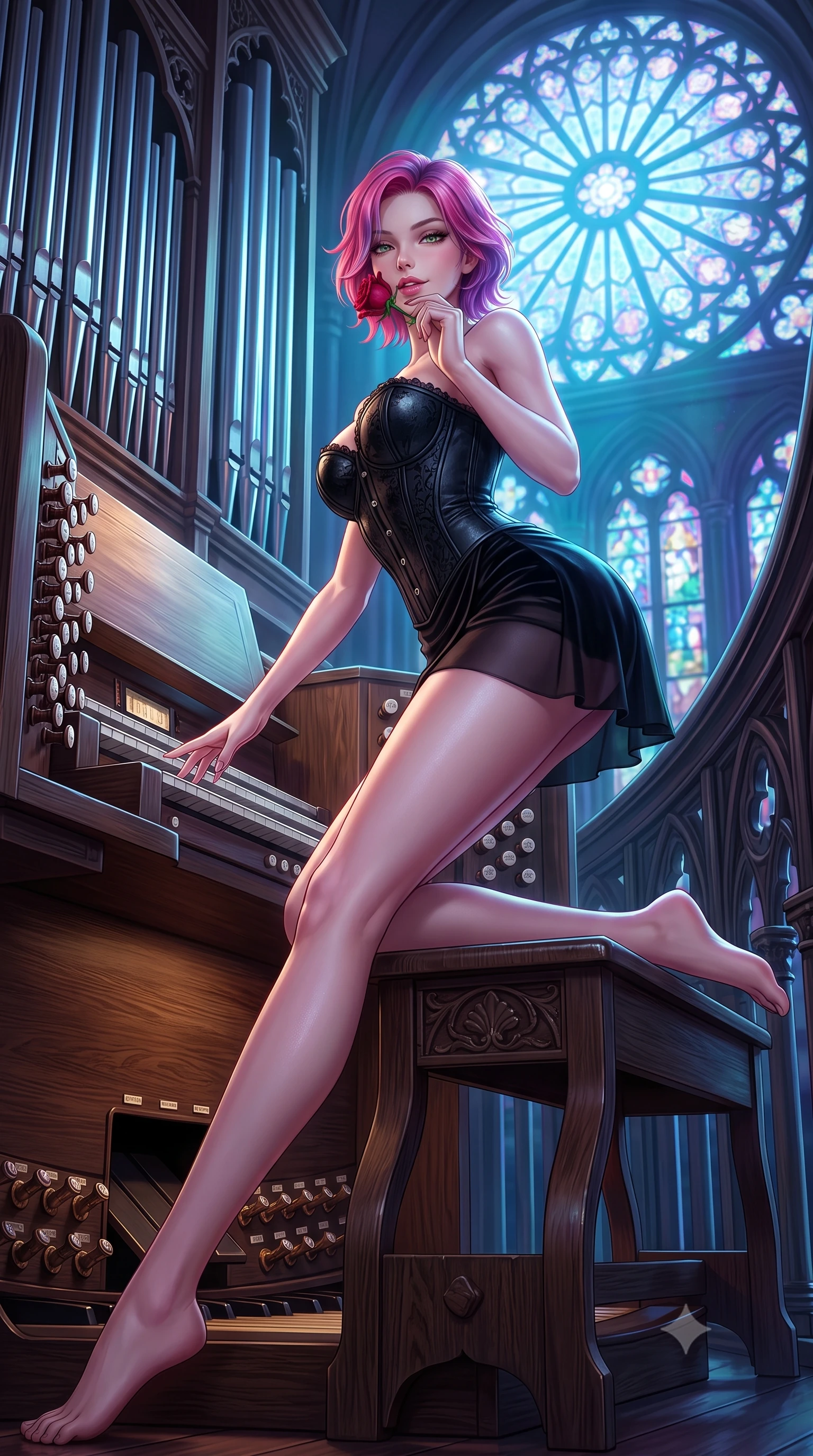 score_9, masterpiece, best quality, ultra-detailed, high-budget anime keyframe, semi-realistic 3D game render, editorial fashion photography, tasteful artistic composition, Caucasian woman. low angle full-body shot from head to toe showing her feet, filling the entire 9:16 vertical frame with her statuesque presence, stretching her vertical silhouette. leaning deep against the balcony balustrade with hips cocked back in an unapologetically alluring high-fashion stance, casting an intoxicating glance while perched sideways on the organ bench with legs extended, resting one hand on the ivory keys with effortless dark-romance cool. The surrounding environment is rendered in vivid detail and crisp panoramic clarity: sharp polished tin pipe reflections, carved oak organ stop knobs, and leaded stained-glass medallion clarity in deep focus. She has an absolutely perfect, statuesque 8.5-heads proportion, an exceptionally tall and slender model-like female figure with impossibly long slender legs, an ultra-slim waist, a flat toned midriff, narrow delicate ribcage, and beautifully sculpted feminine hips creating a graceful, slim hourglass silhouette without any bulky heaviness. sharp v-shaped jawline, high-bridge nose, sparkling eyes with hypnotic seductive depth, thick curled eyelashes, glossy parted lips with a natural dewy peach sheen, alluring bedroom-eyes with an enchanting coquettish smile, exuding magnetic siren charisma and sophisticated glamour, flawlessly proportioned anatomical accuracy, strict slender model proportions, natural body alignment, perfectly sculpted long slender limbs, ultra-slim waistline, clean dynamic posture without body distortion. wearing a structured Victorian boned leatherette corset bodice paired with an ultra-short micro-wrap velvet mini skirt in wet-look onyx black with crimson specular reflections, made of sheer gossamer chiffon that drapes softly against skin with airy translucence, accented with a single fresh-cut long-stemmed crimson rose held delicately near her parted lips, the second-skin tailored fabric adhering flawlessly to her sculpted flat midriff and slender torso, emphasizing her long leg lines and perfectly proportioned willowy build. bathed in ethereal jewel-toned moonlight filtering through the colossal stained-glass rose window. highly saturated vibrant anime colors, detailed shading with soft gradients, rich glossy textures, high-contrast stereoscopic depth, volumetric dynamic lighting, master piece, 9:16 ratio